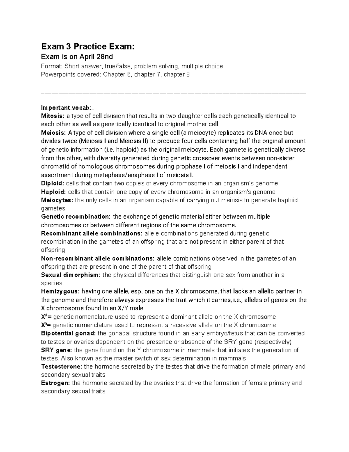 Exam 3 Practice Exam Key for BIO240 - Spring 2025 Review Guide - Studocu