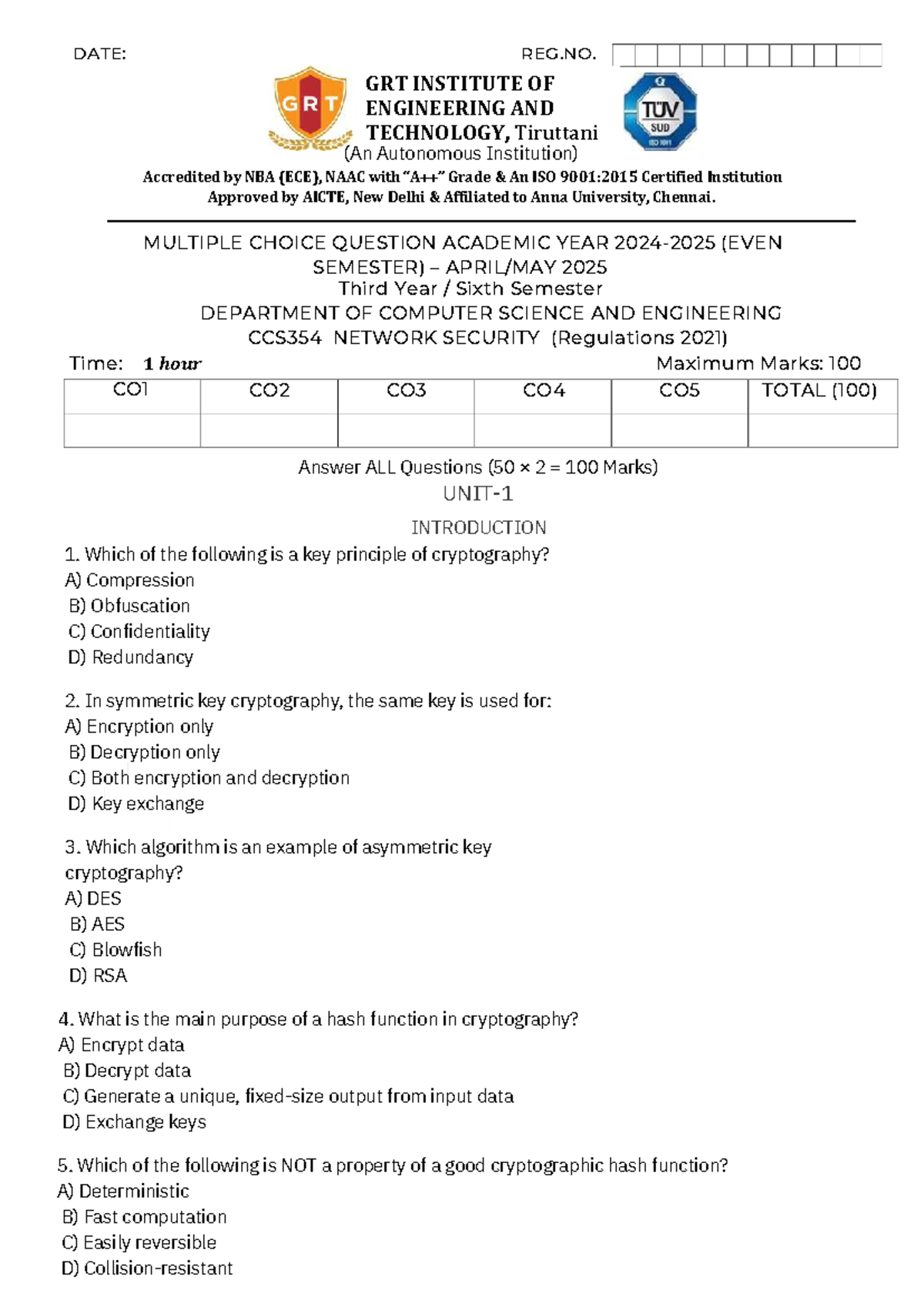 CCS354 Network Security MCQs - Academic Year 2025 (Even Semester) - Studocu