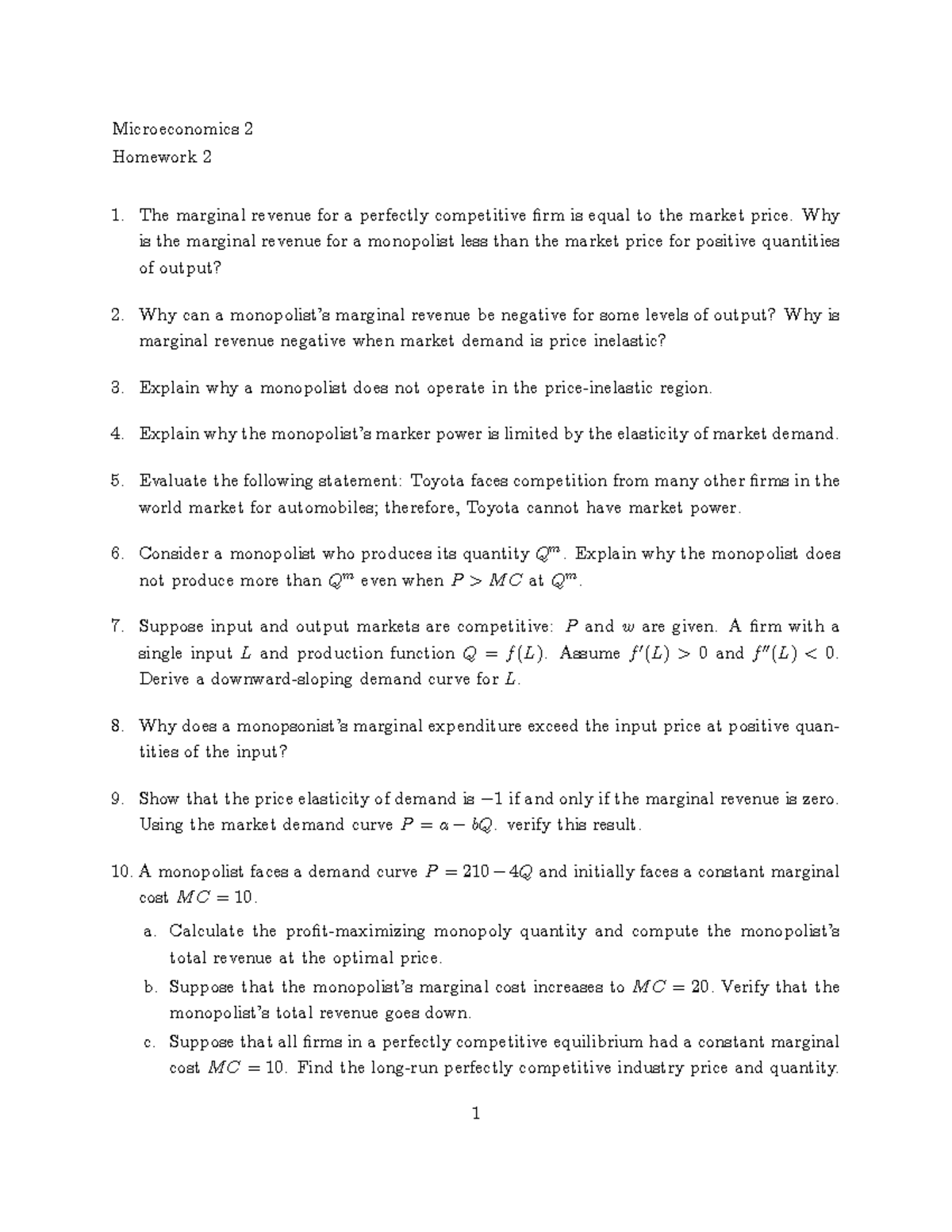 Microeconomics 2 - Homework 2 Lecture Notes on Monopoly and Market ...
