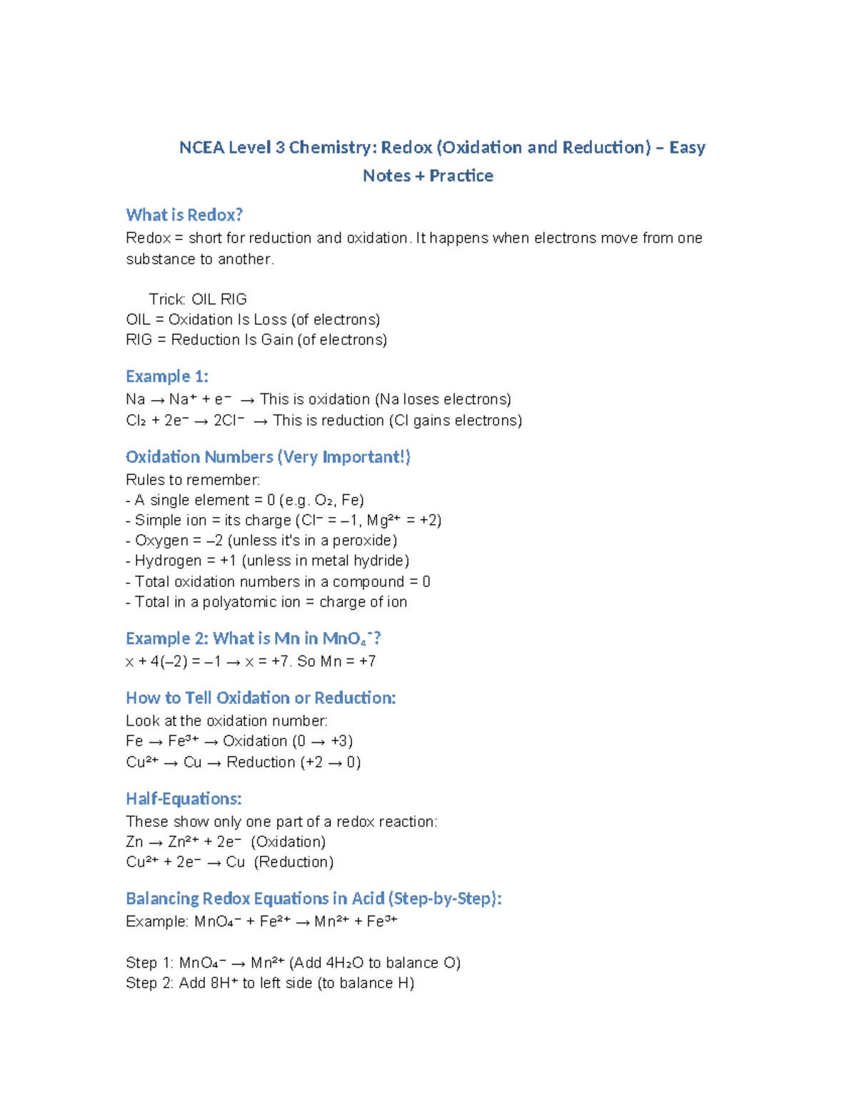 NCEA Level 3 Chemistry: Redox Cheat Sheet & Easy Notes - Studocu
