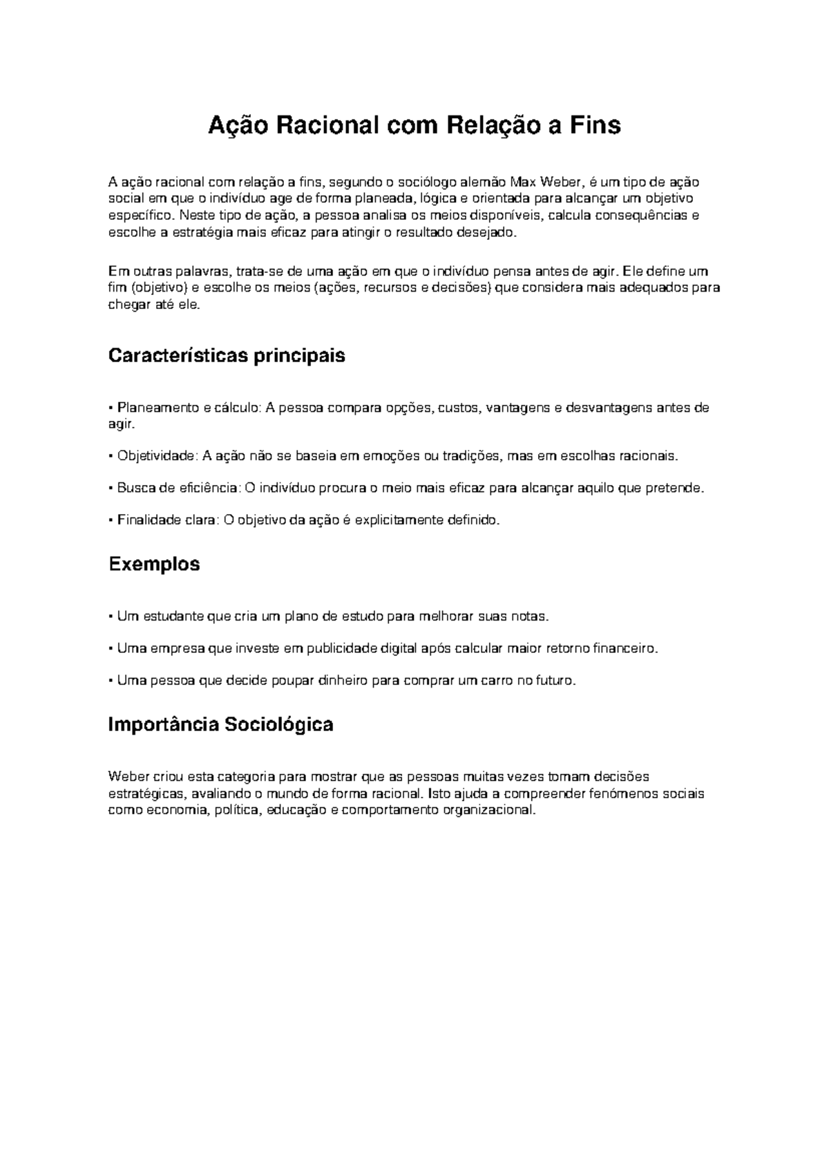 Ação Racional e Fins: Análise Sociológica segundo Max Weber - Studocu