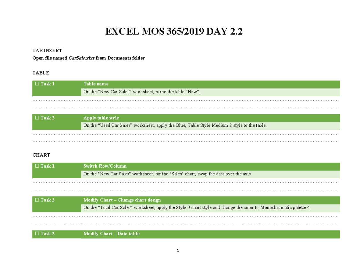 EXCEL MOS 365/2019 DAY 2: Inserting Tables and Modifying Charts - Studocu