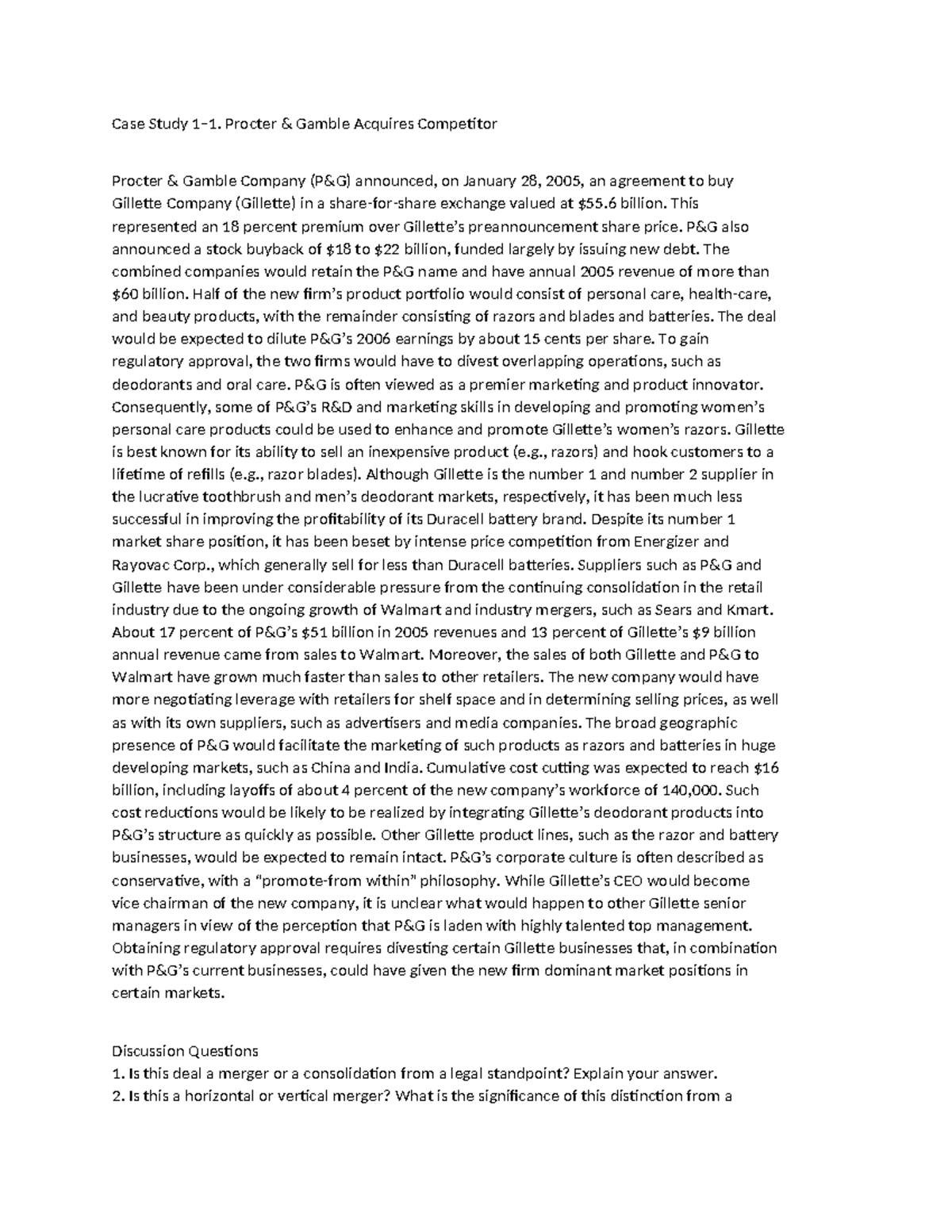 Case Study 1 - 1 - case - Case Study 1–1. Procter & Gamble Acquires ...