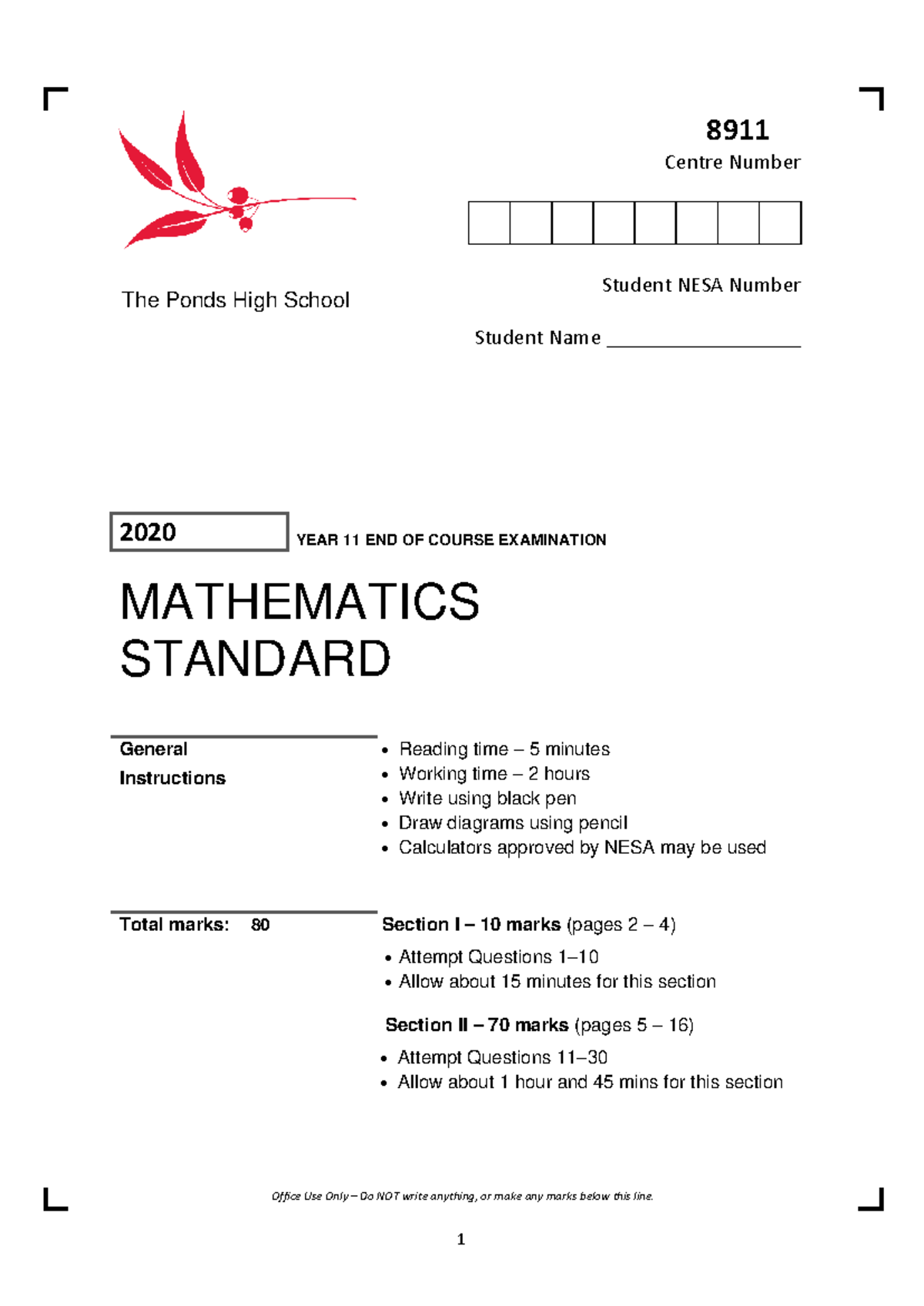 Year 11 Mathematics Standard 2020 End of Course Exam Paper - Studocu