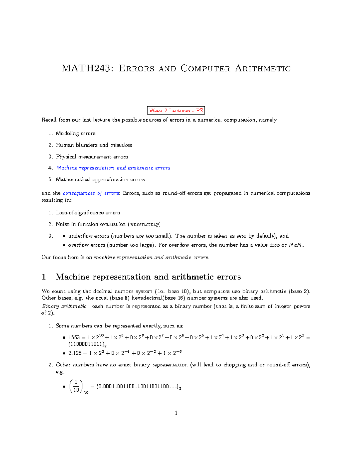 MATH243: Lecture Notes on Errors in Computer Arithmetic - Studocu