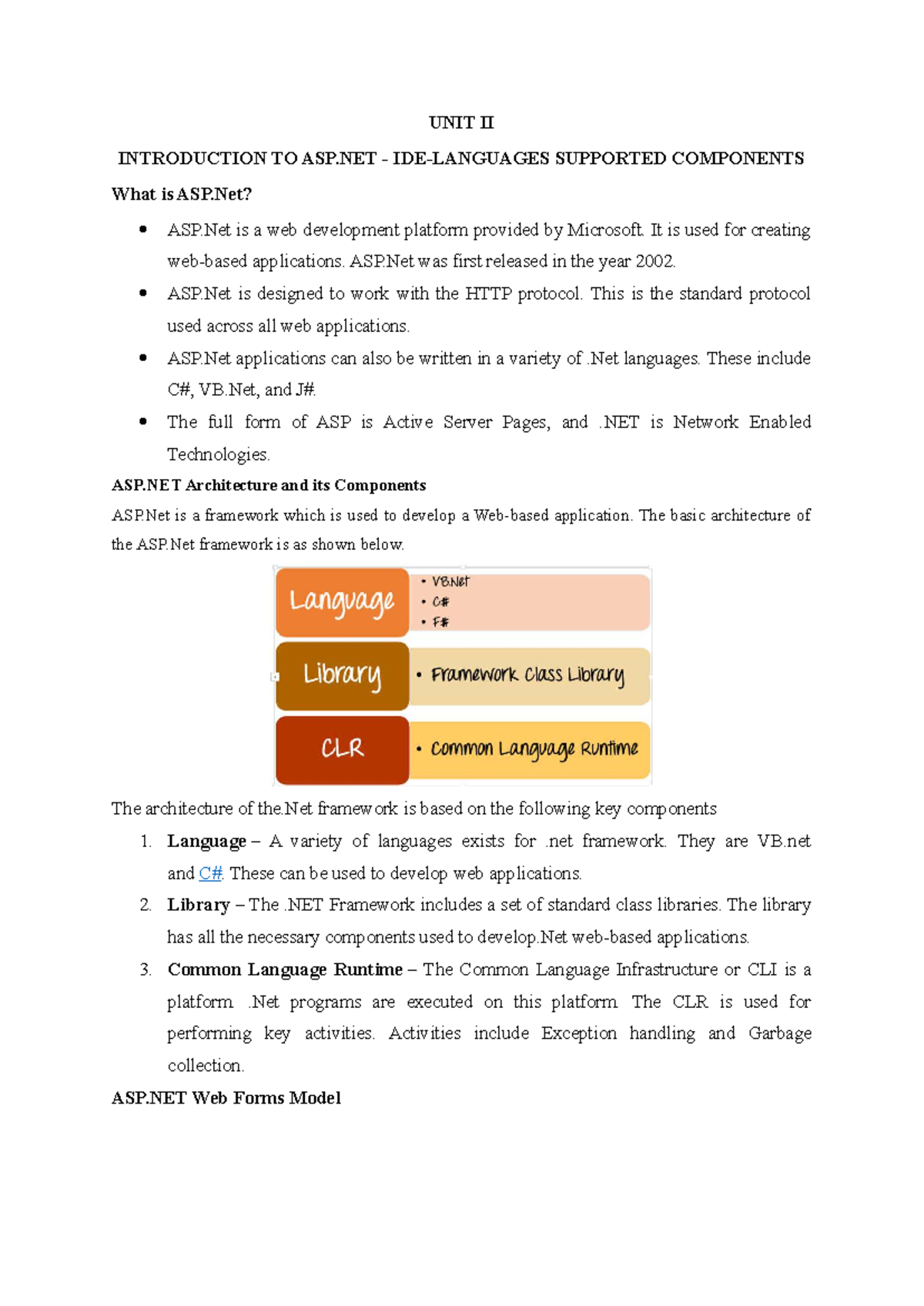 UNIT II: Introduction to ASP.NET Components and Architecture - Studocu
