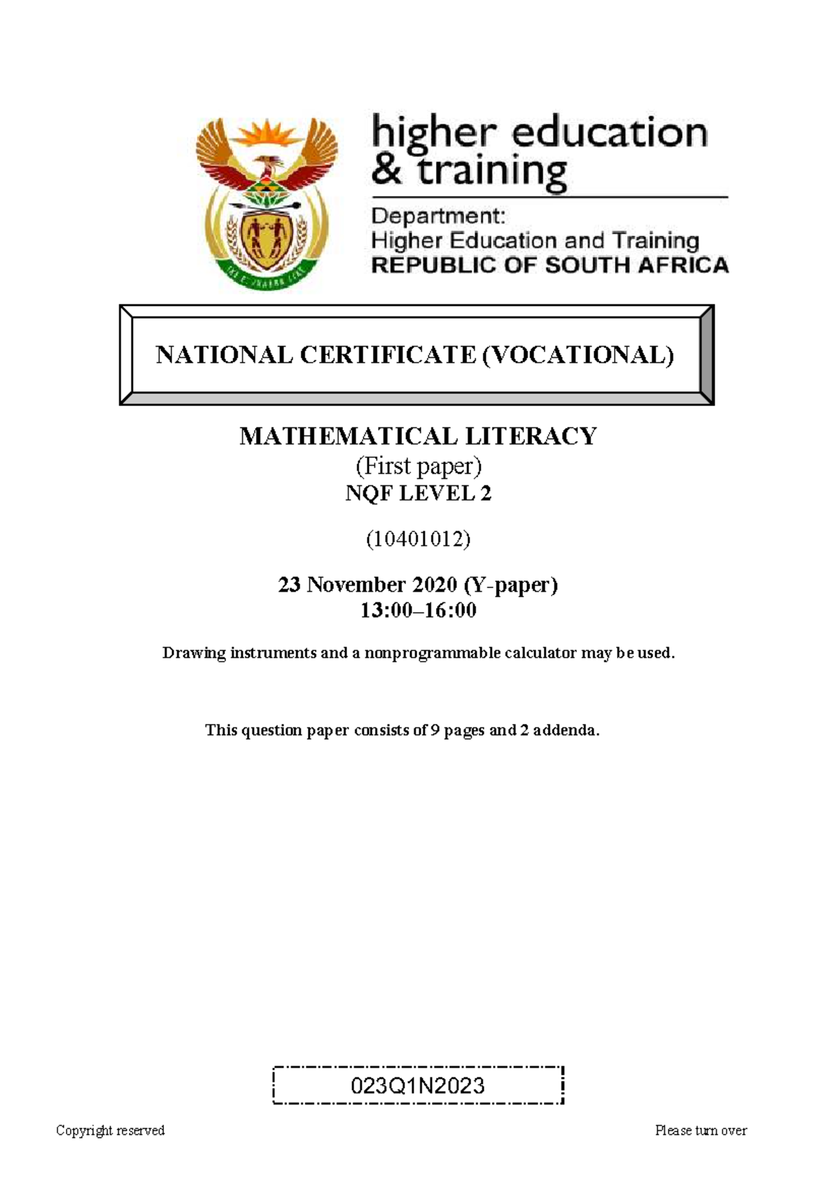 L2 Mathematical Literacy Final Exam Paper 1 - Nov 2020 (10401012) - Studocu