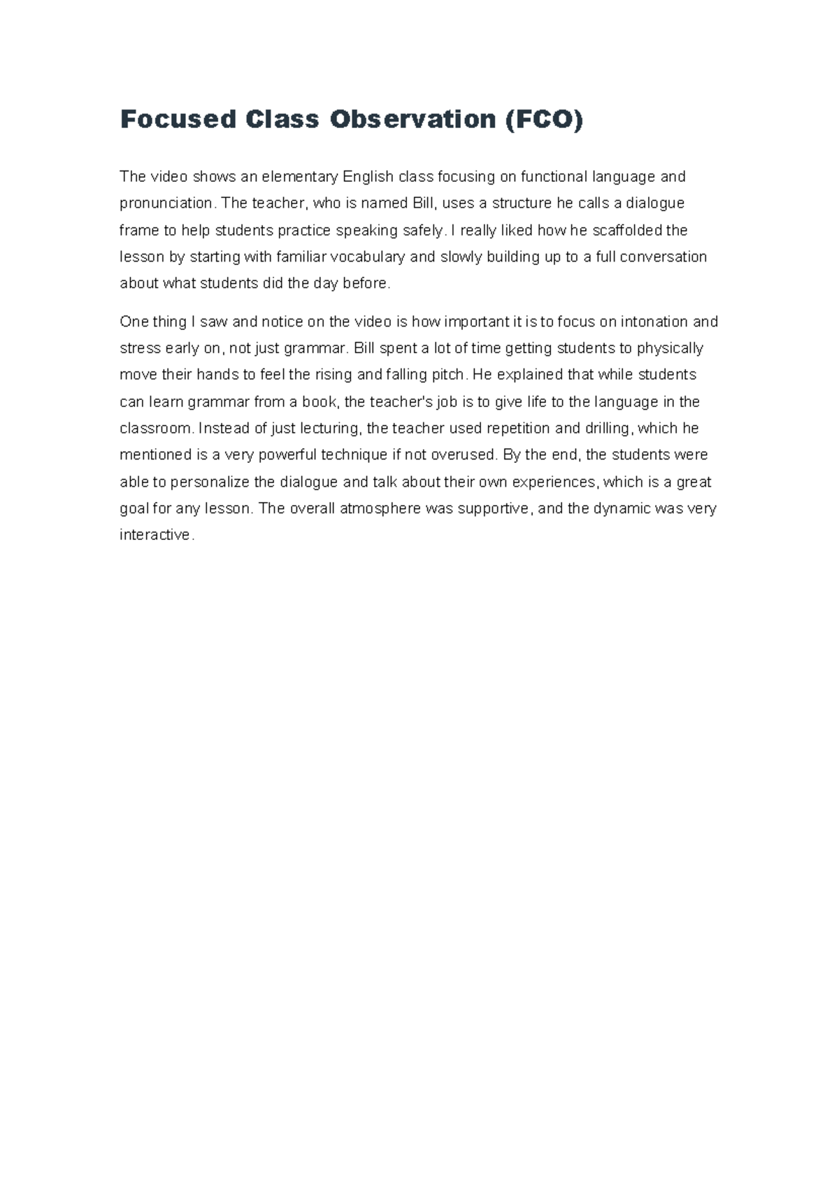 FCO - Focused Class Observation of Interactive English Lesson - Studocu