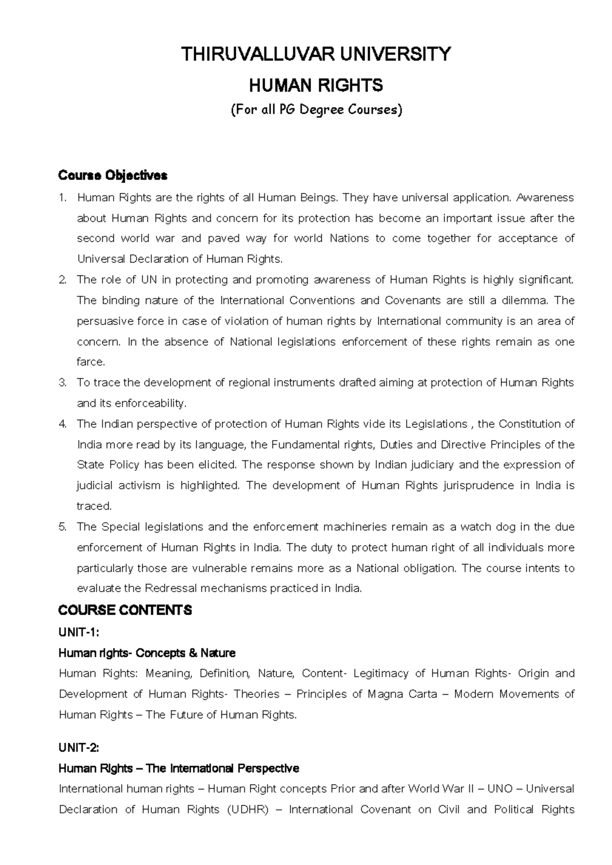 Human Rights Course Syllabus for PG Degree Programs - Studocu