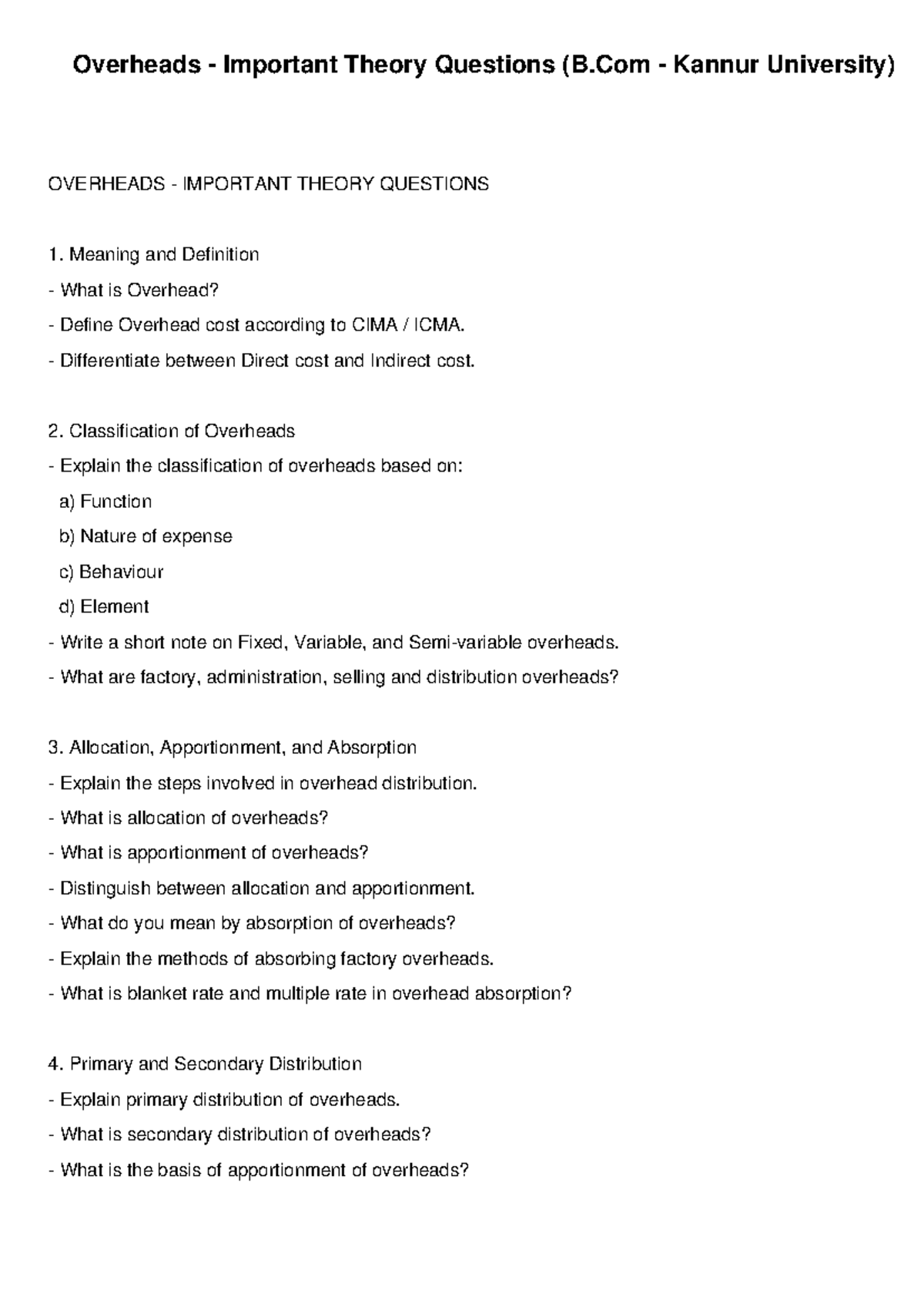 Overheads Theory Questions for B.Com (Kannur University) - Studocu