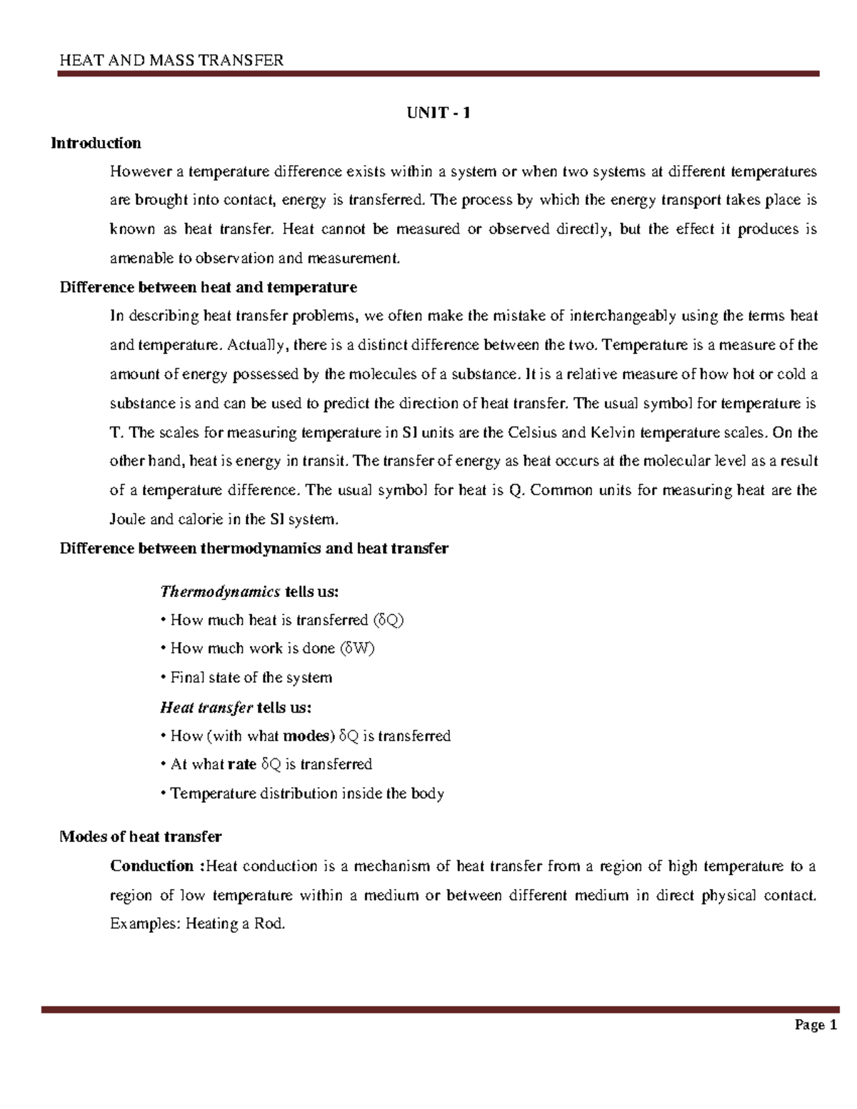 HEAT AND MASS TRANSFER UNIT 1: Introduction to Heat Transfer Concepts ...