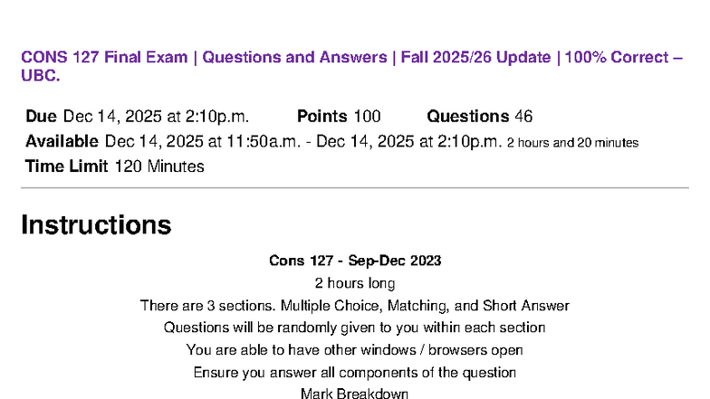Final Exam Questions & Answers for CONS 127 - Fall 2025 - Document Preview