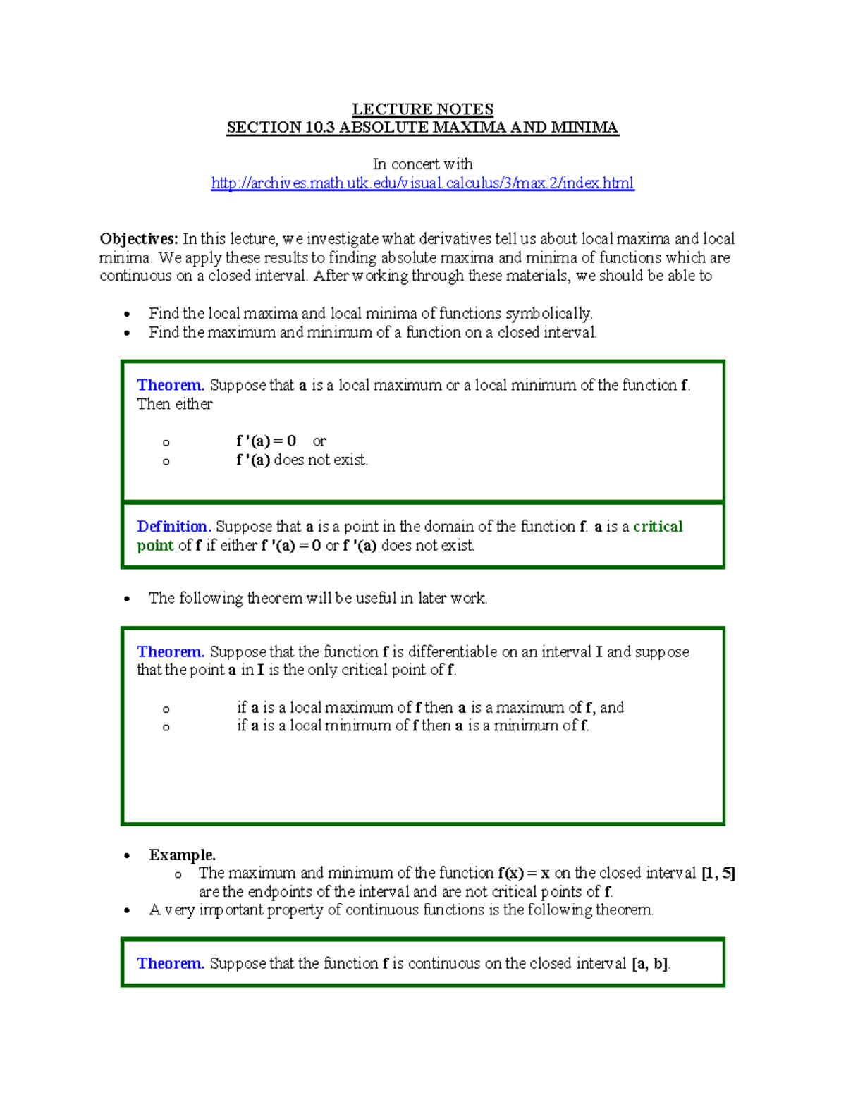 Final Exam Lecture Notes: Absolute Maxima & Minima in Calc - Studocu