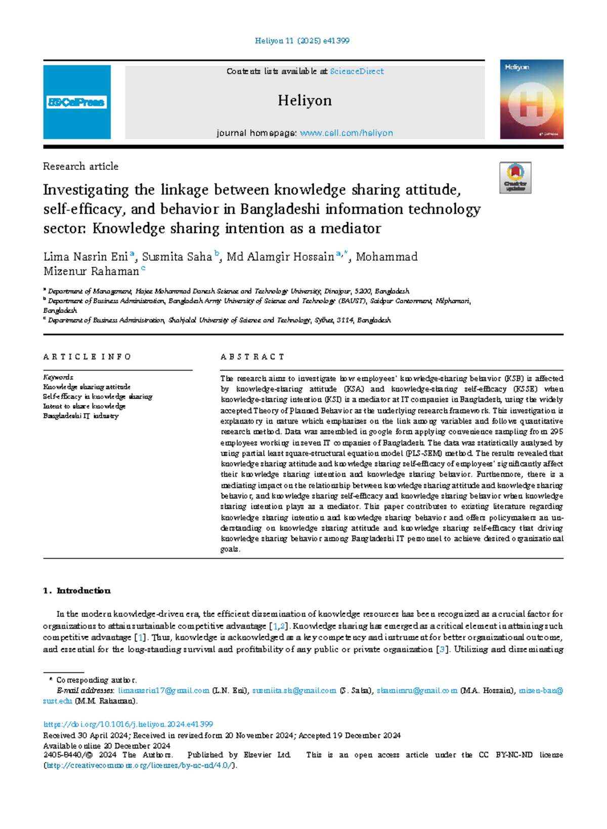 Investigating Knowledge Sharing Behavior in Bangladeshi IT Sector: KSA ...