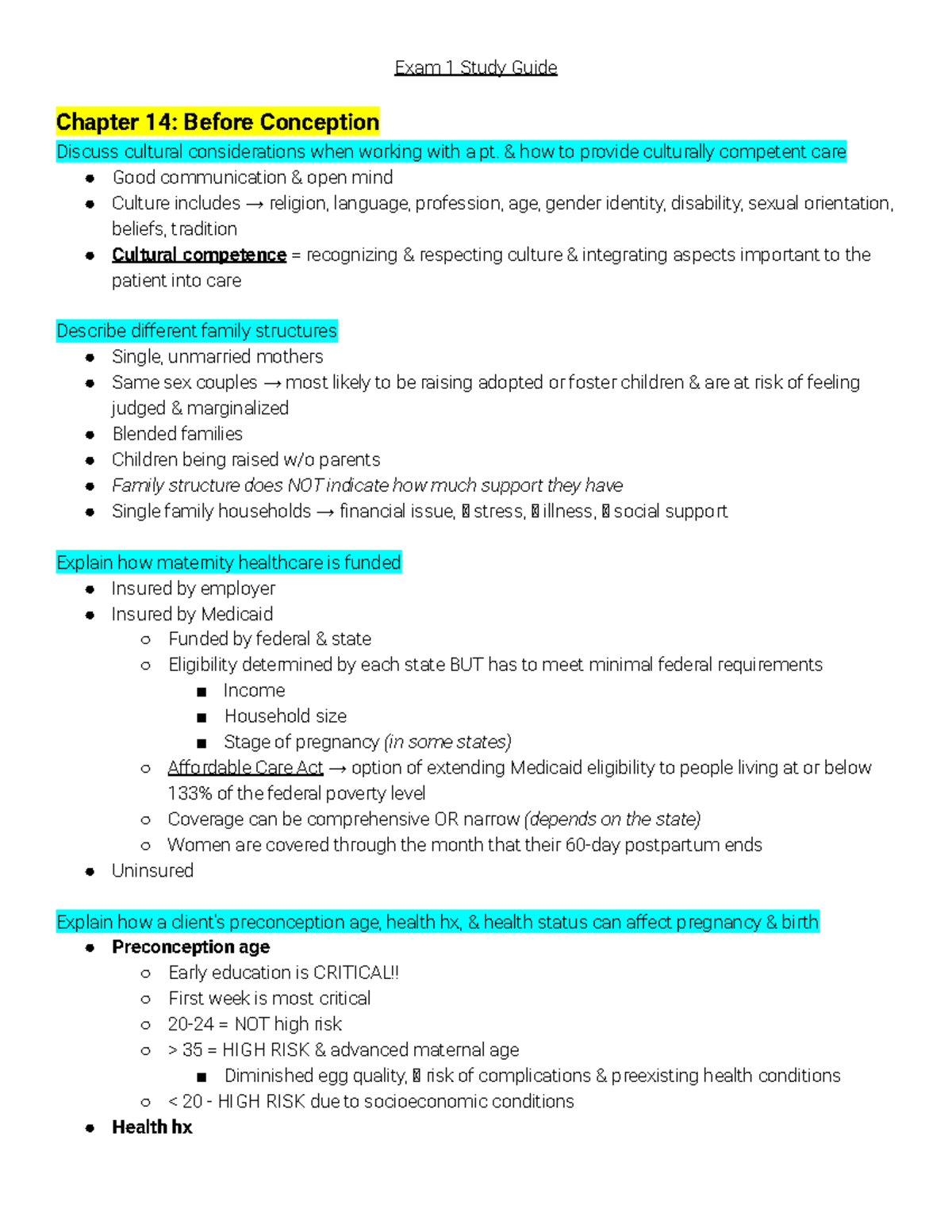 Maternity Guide 1 - Exam 1 Study Notes on Conception & Pregnancy - Studocu