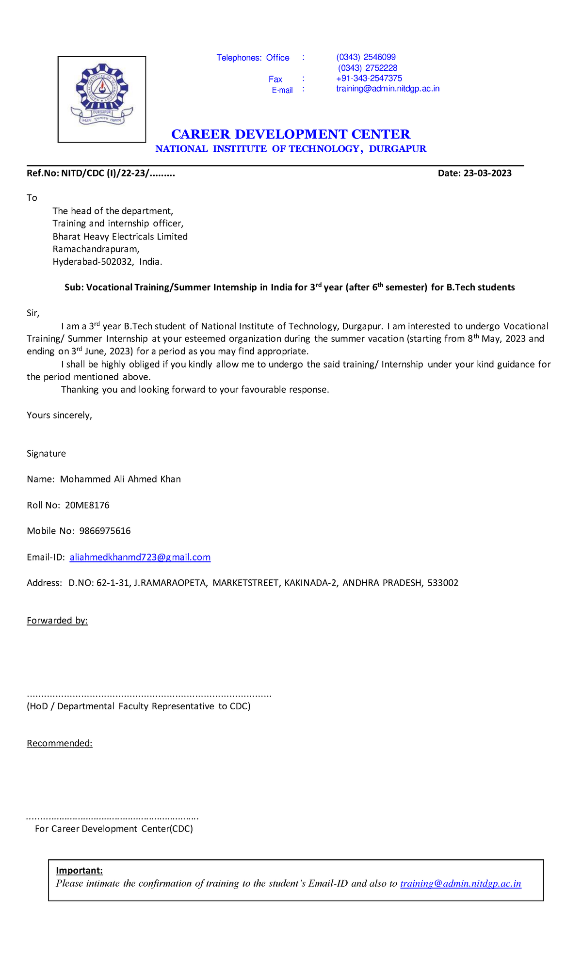 VT/Summer Internship Request for 3rd Year B.Tech Students at NIT-DGP ...