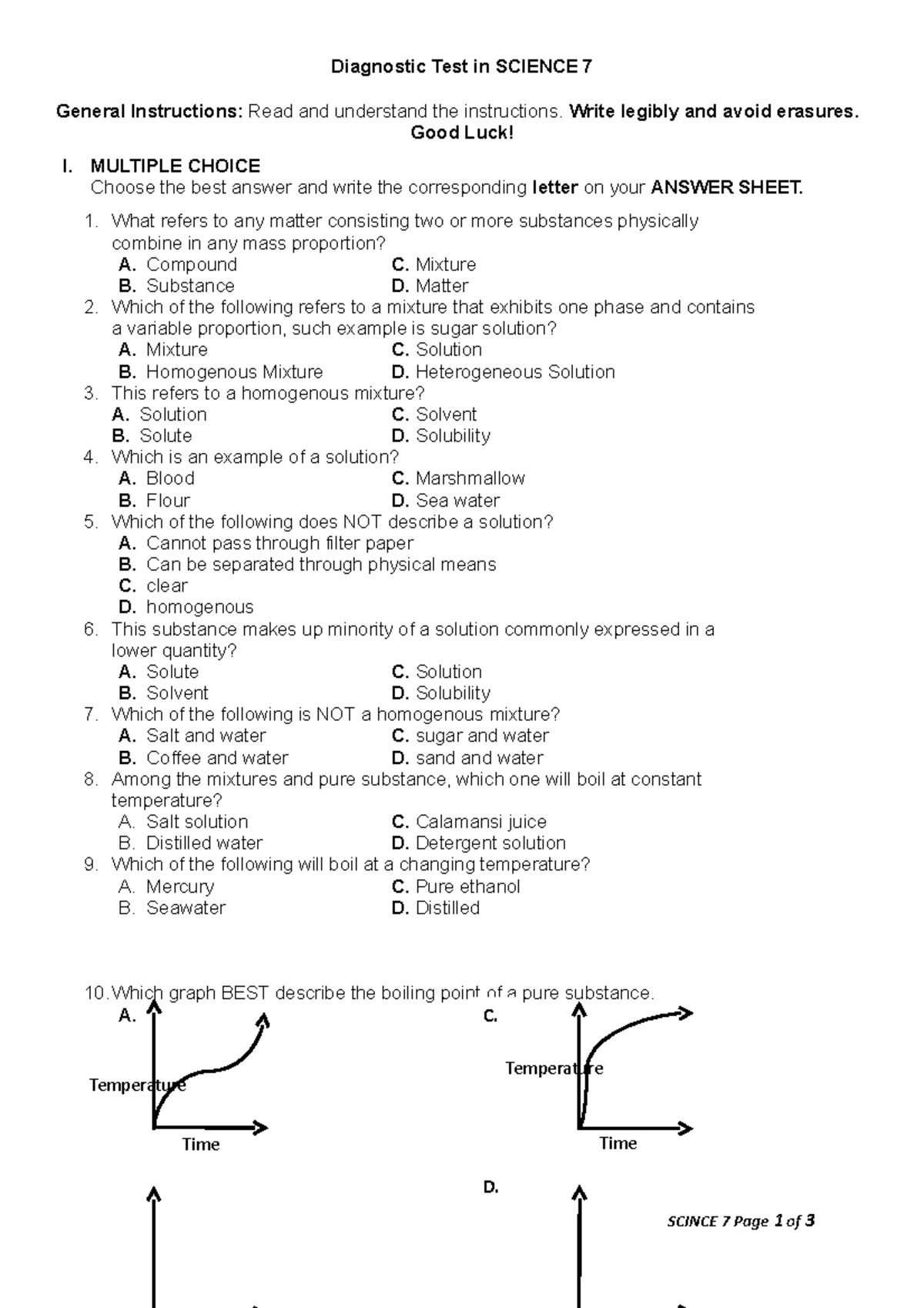 Diagnostic Test - Science 7 Pre-Test Questions and Instructions - Studocu