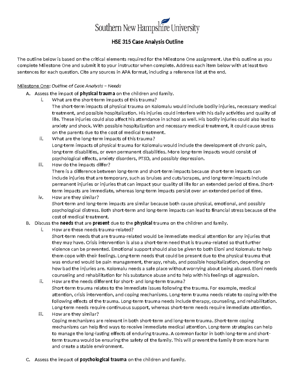 HSE 315 Case Analysis: Outline on Physical and Psychological Trauma ...