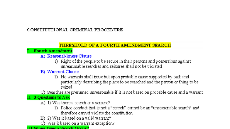 CON CRIM PRO Outline: Fourth Amendment Search & Seizure Principles ...