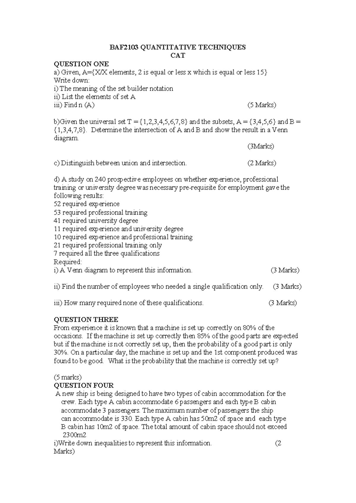 BAF2103 QUANTITATIVE TECHNIQUES CAT PRACTICE QUESTIONS - Studocu