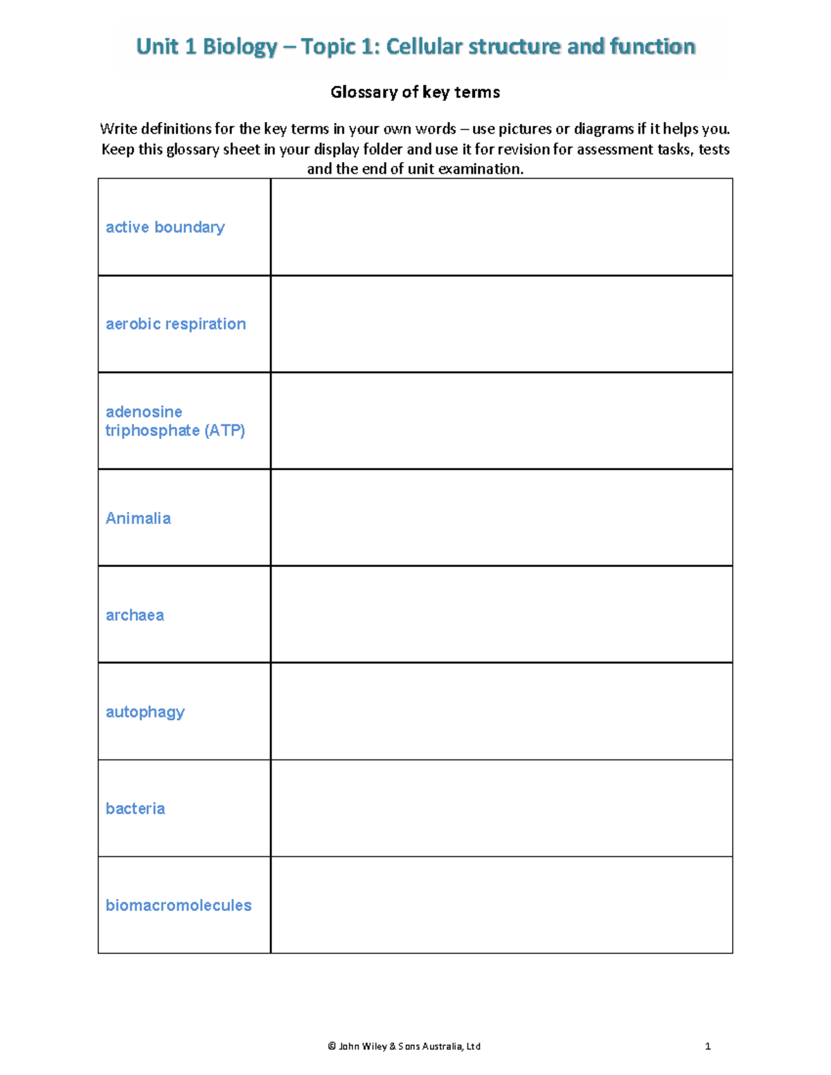 Biology S1 Unit 1: Cellular Structure & Function Glossary - Studocu