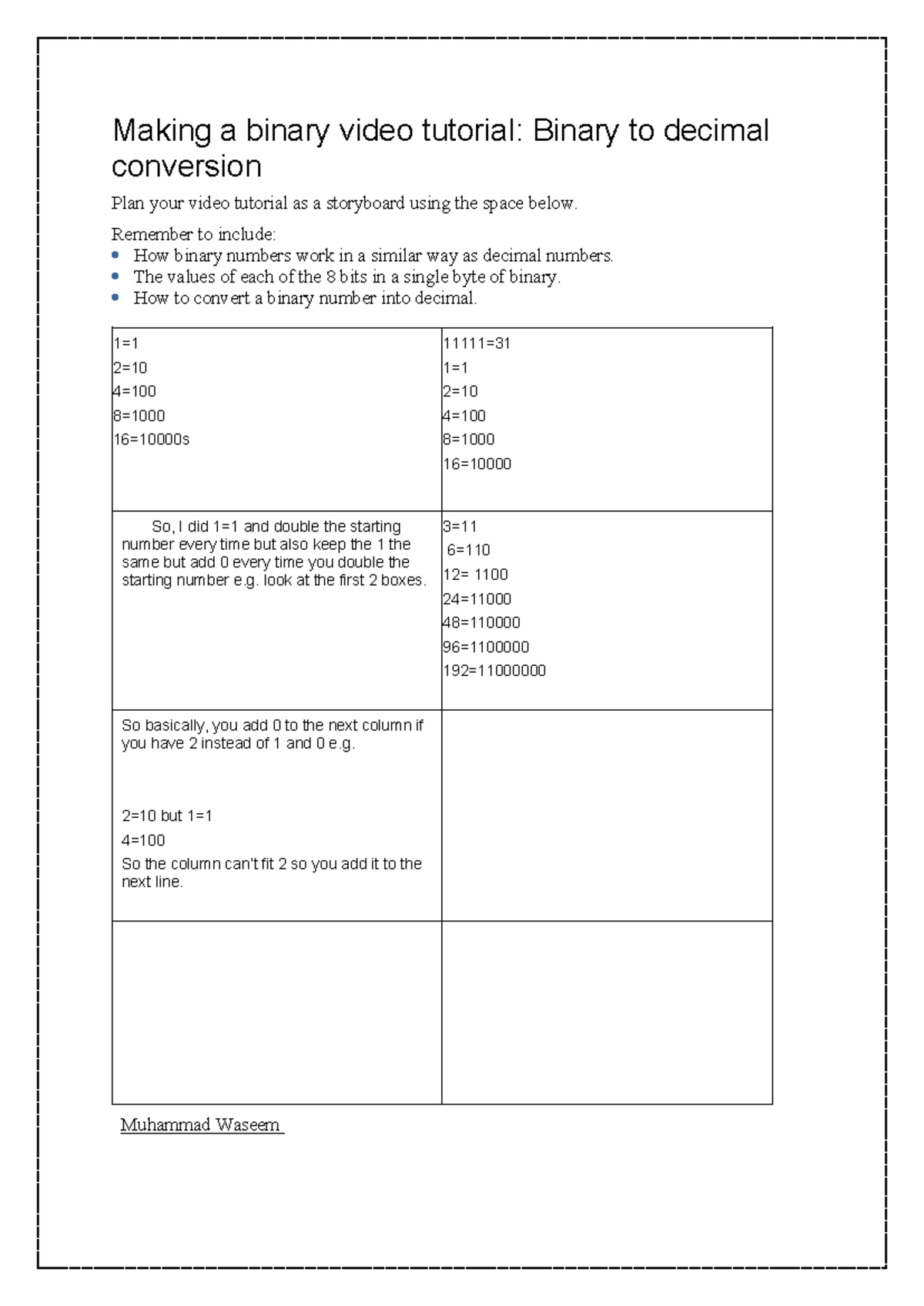 Binary to Decimal Conversion Tutorial: Storyboard Plan - Studocu