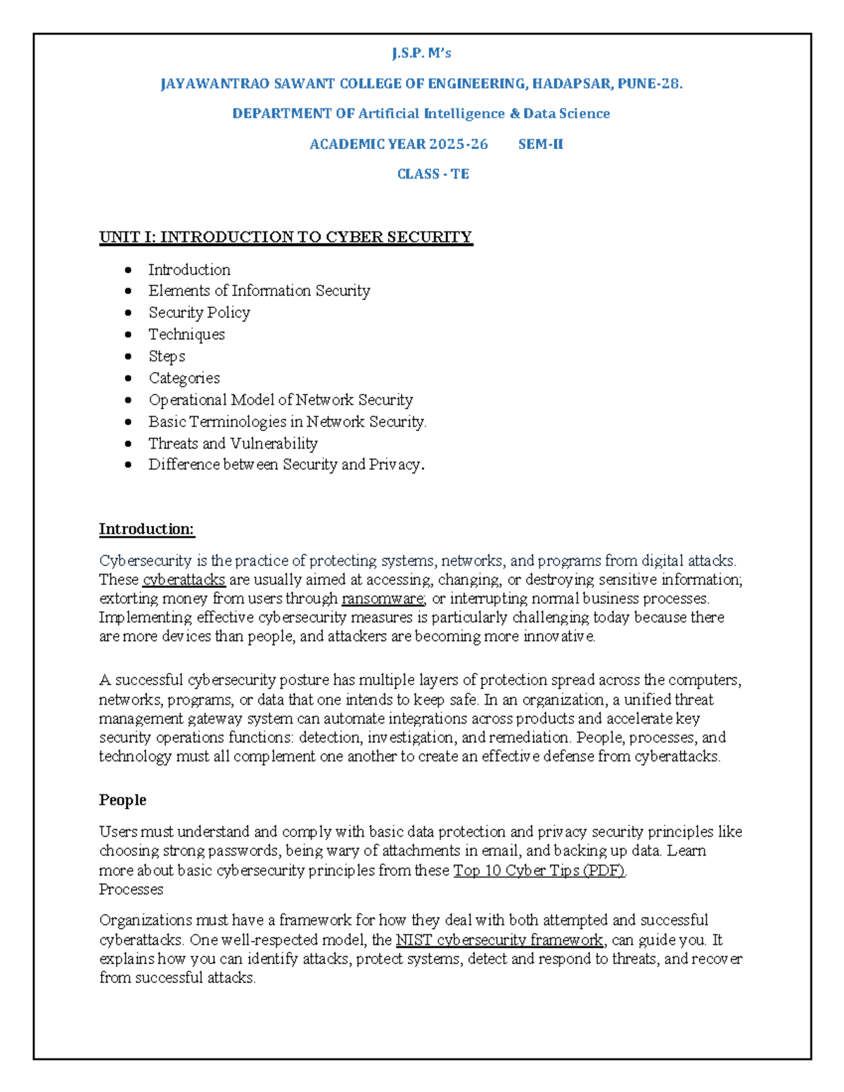 TE CS UNIT 1: Introduction to Cybersecurity Notes - Studocu