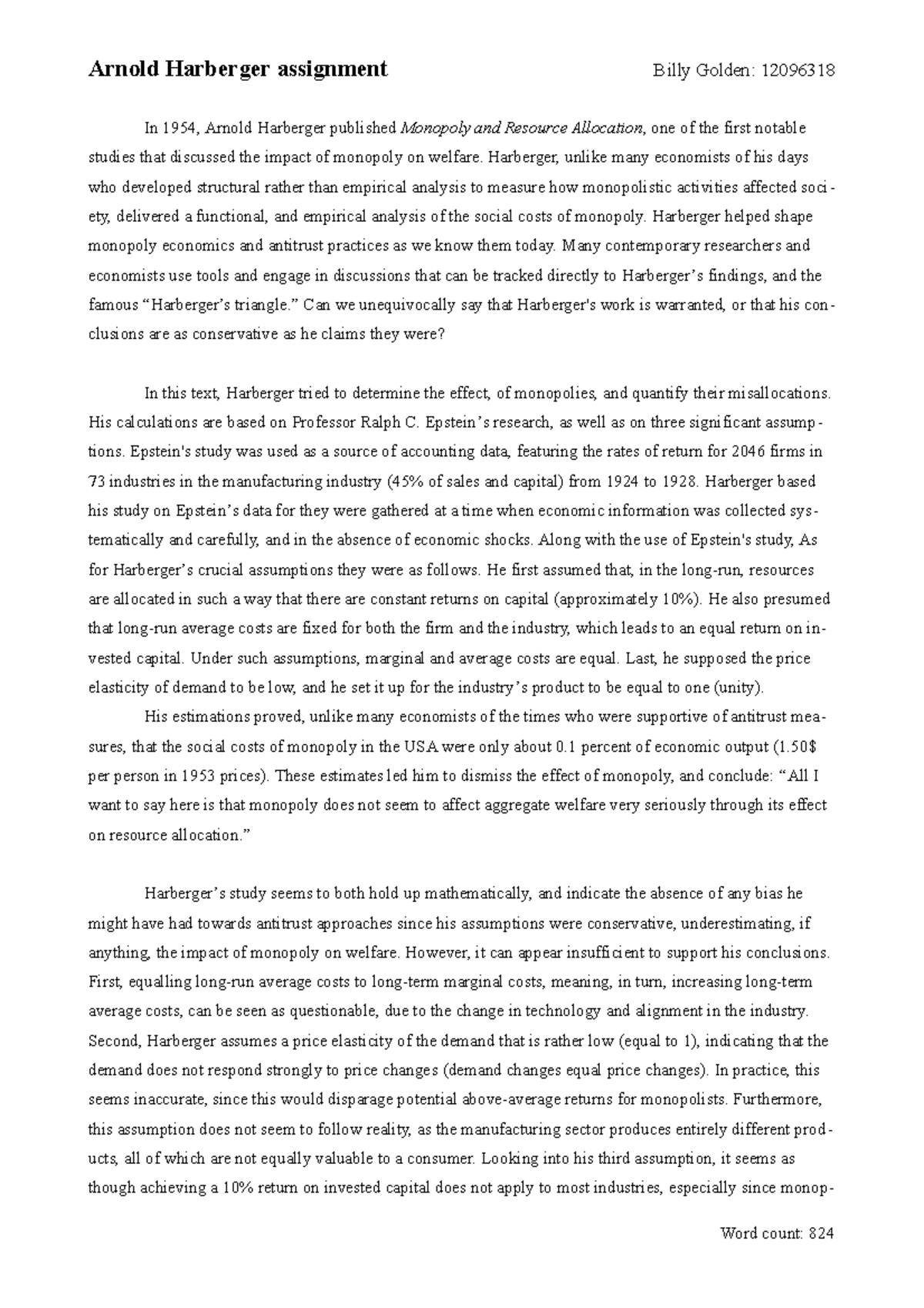 Harberger's Insights on Monopoly & Welfare: Analysis Assignment ...