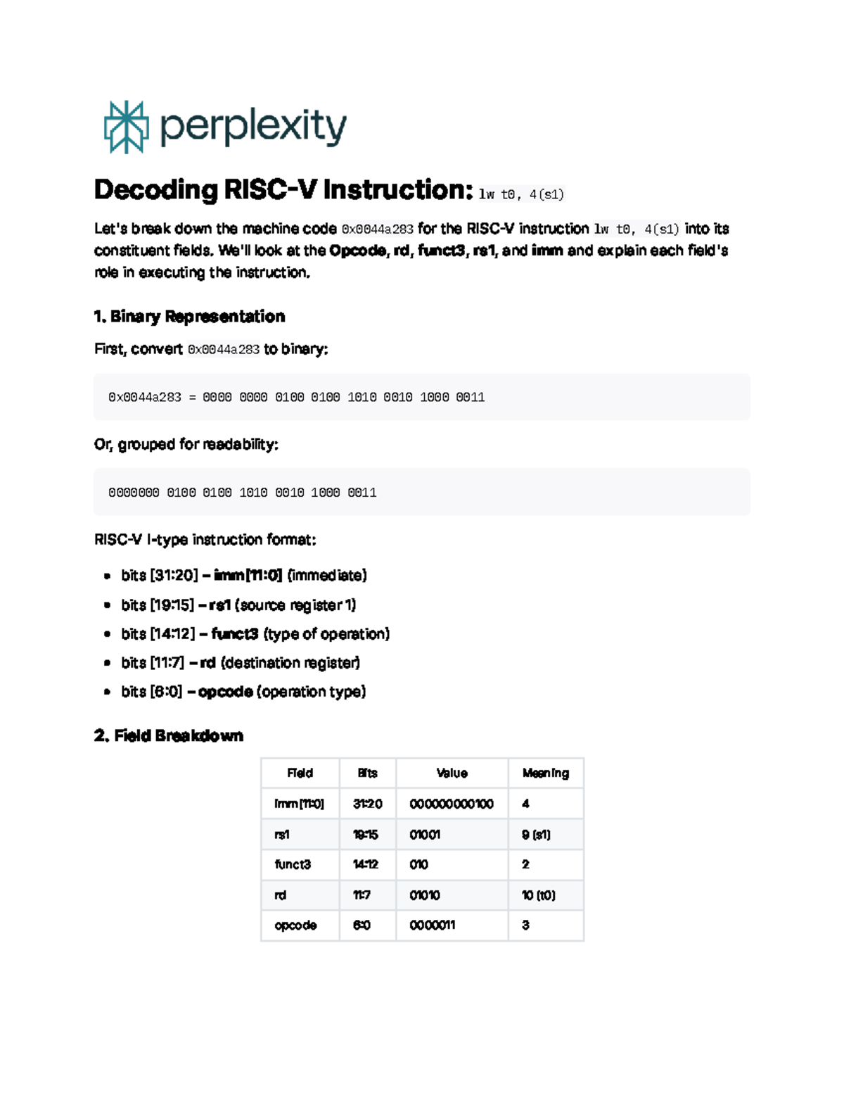 Decoding RISC-V Instruction `lw t0, 4(s1)` - Machine Code Breakdown ...
