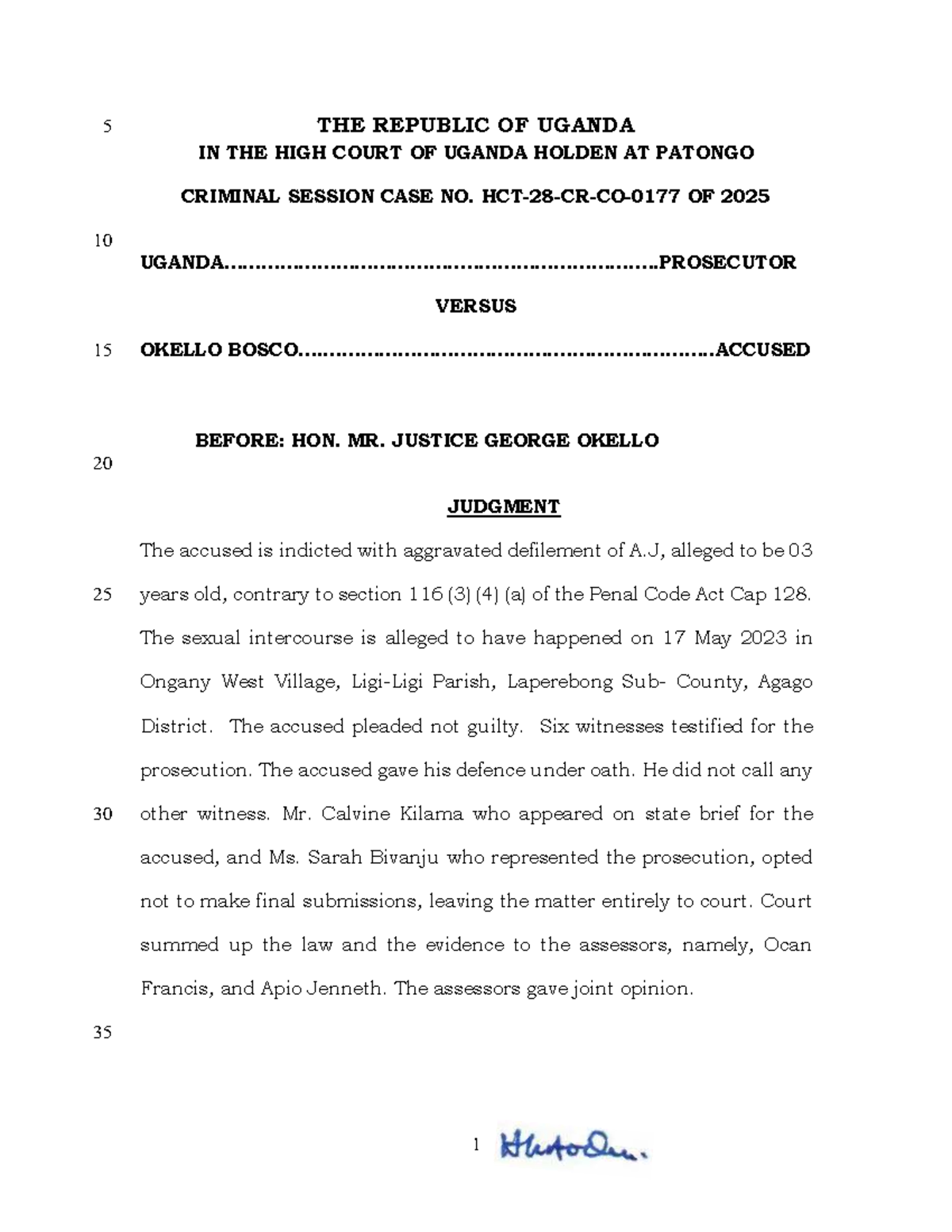 Uganda v. Okello Bosco: Judgment on Aggravated Defilement Case 2025 ...
