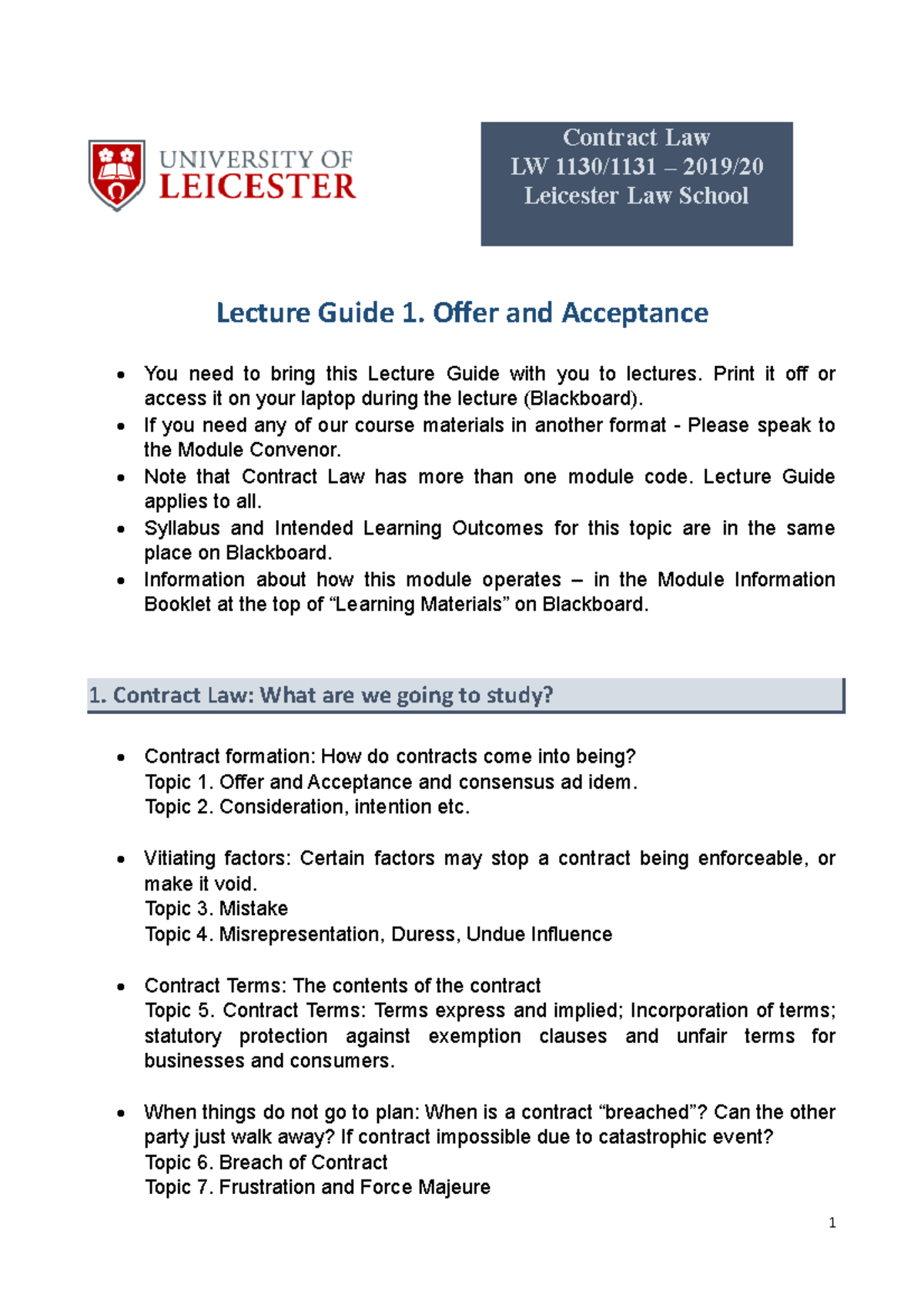00Lecture Guide 1 Offer and Acceptance - Contract Law LW 1130/1131 ...
