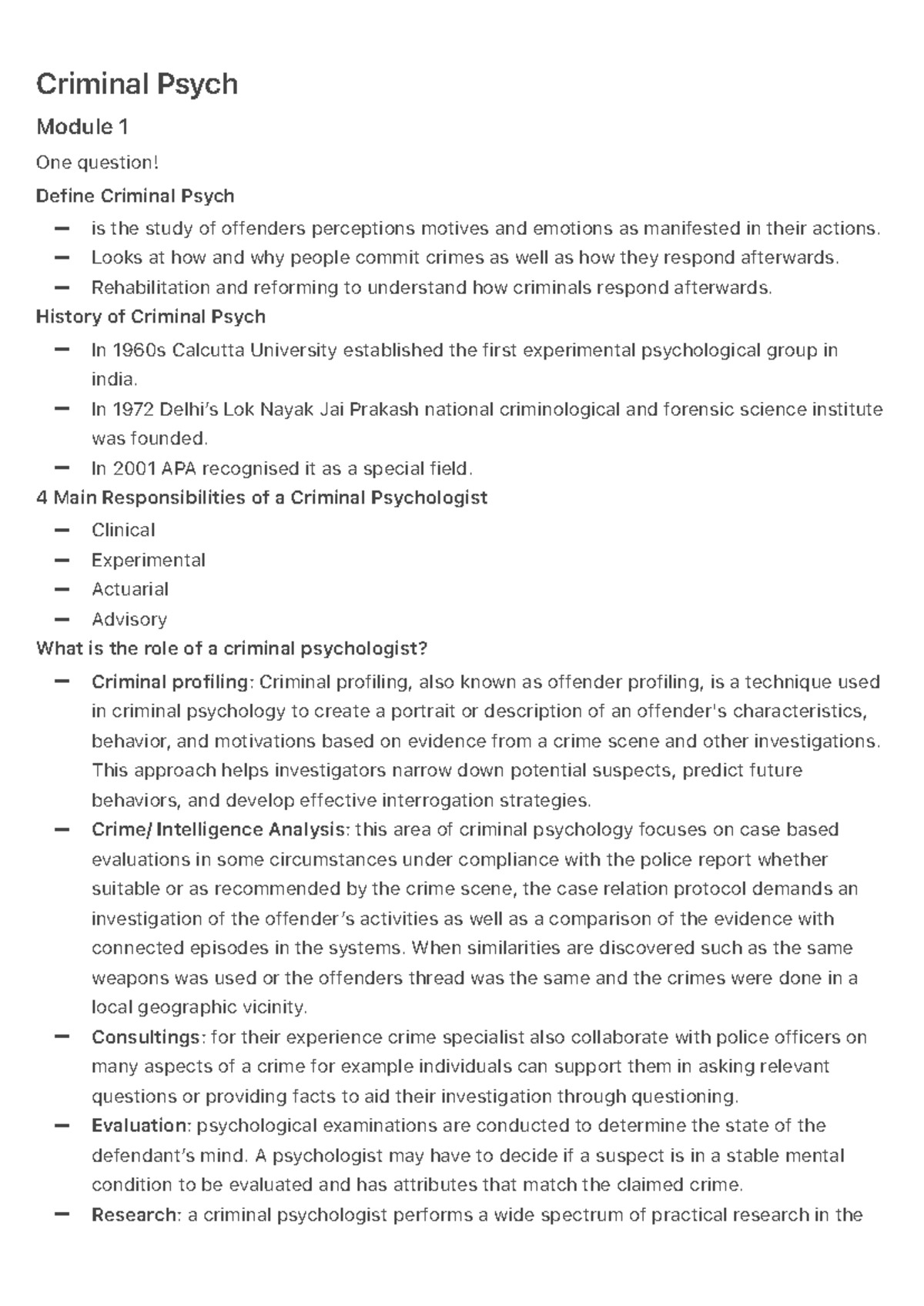 Criminal Psych - MODULE 1 - – – – – – – – – – – – – – – – Criminal ...