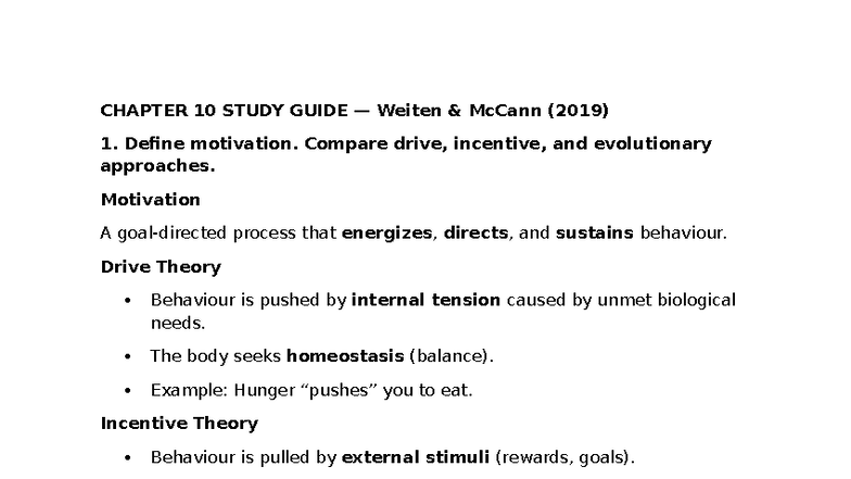 CHAPTER 10 STUDY GUIDE PSY MY UNIT 2: Motivation & Emotion - Studocu