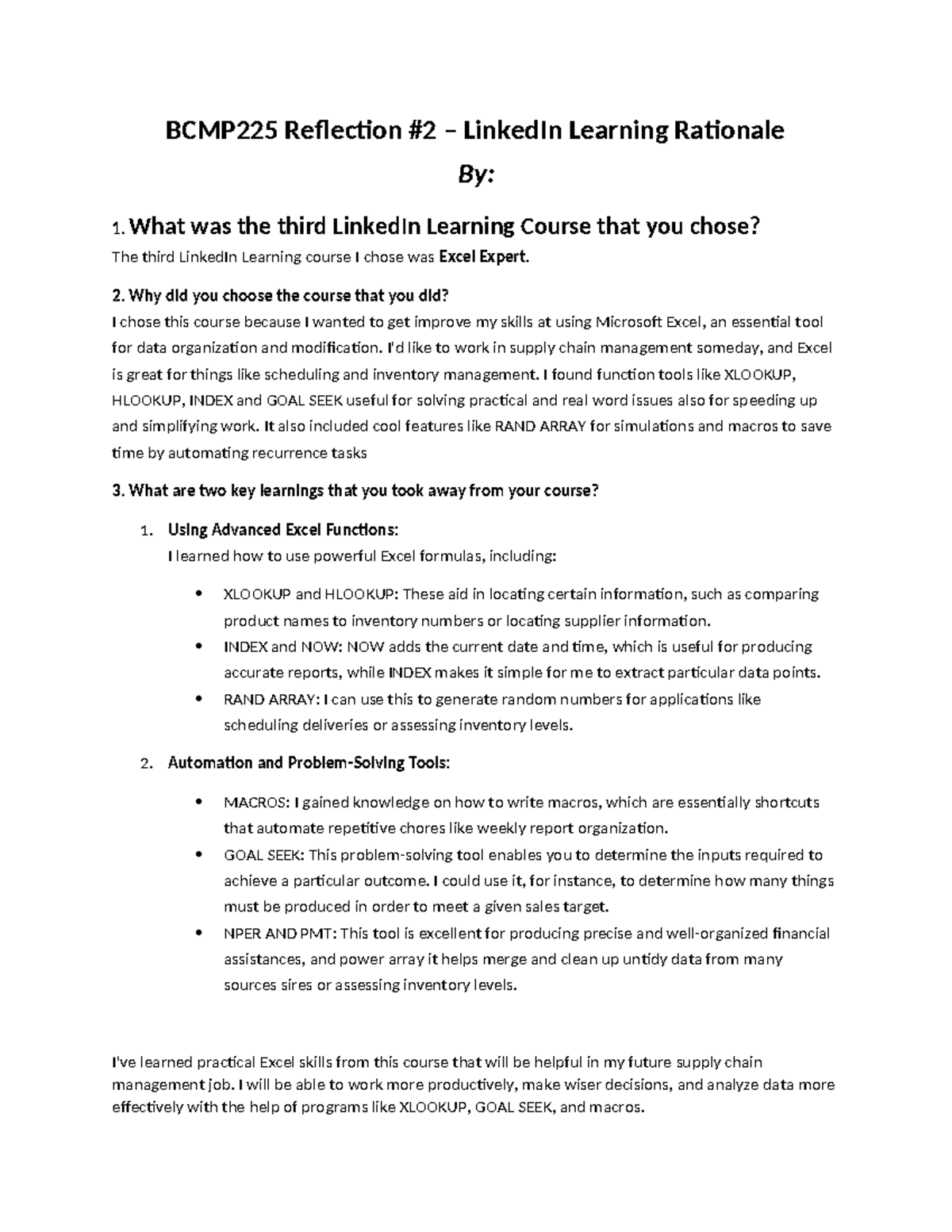 BCMP 225 Reflection #2: Enhancing Skills with Excel Expert Course - Studocu