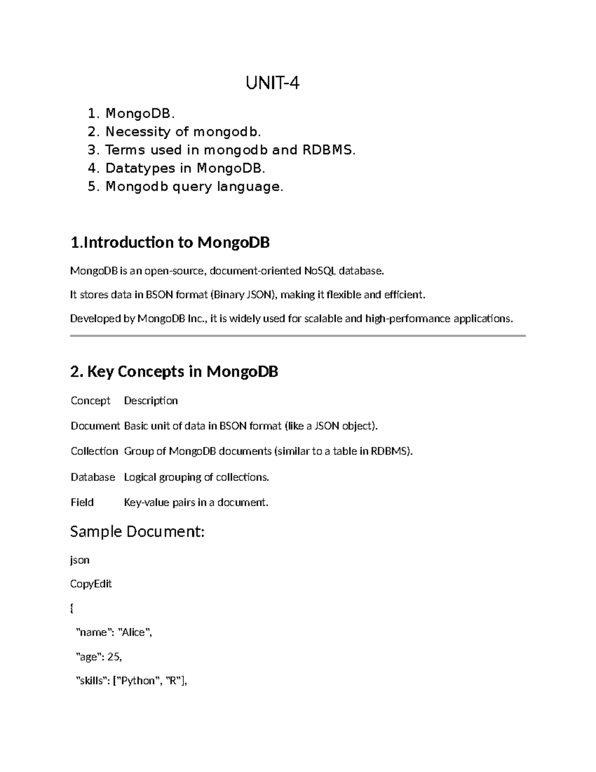 BDA UNIT 4 - Comprehensive MongoDB Lecture Notes and Key Concepts - Studocu