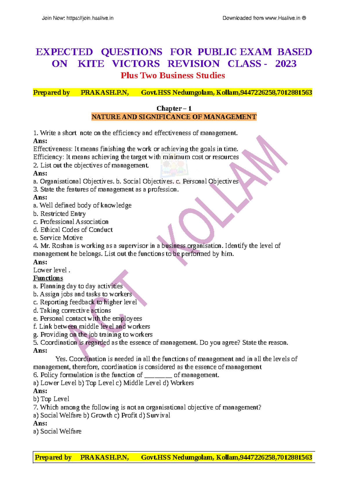 HSSLIVE XII BS Important Qns & Ans from KITE Victors Class 2023 - Studocu