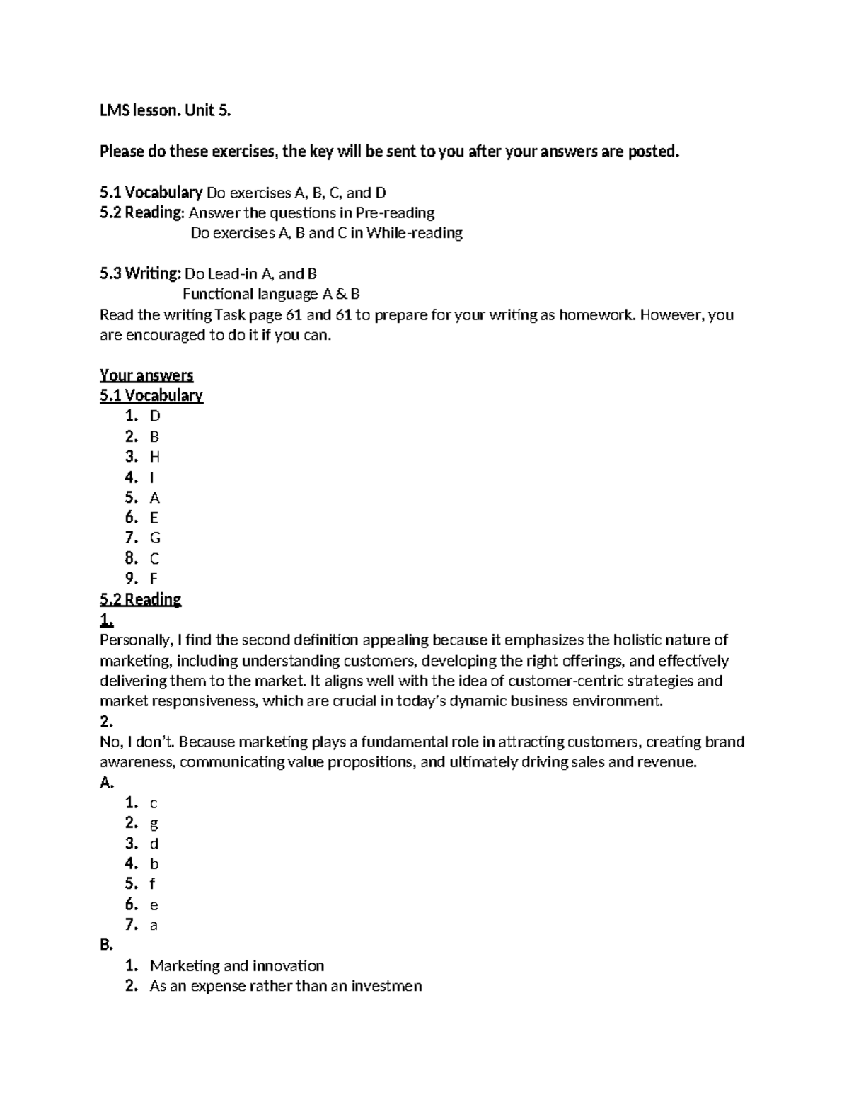 LMS Lesson Unit 5: Exercises and Writing Tasks Overview - Studocu