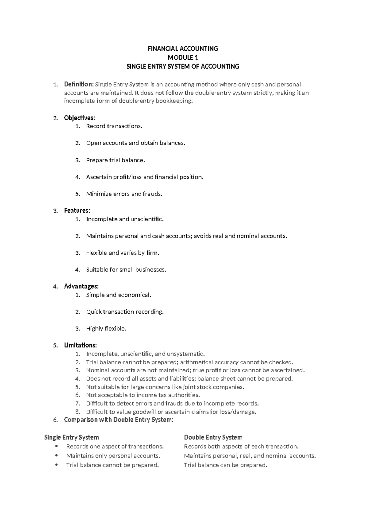 Financial Accounting Module 1: Single Entry System Overview - Studocu