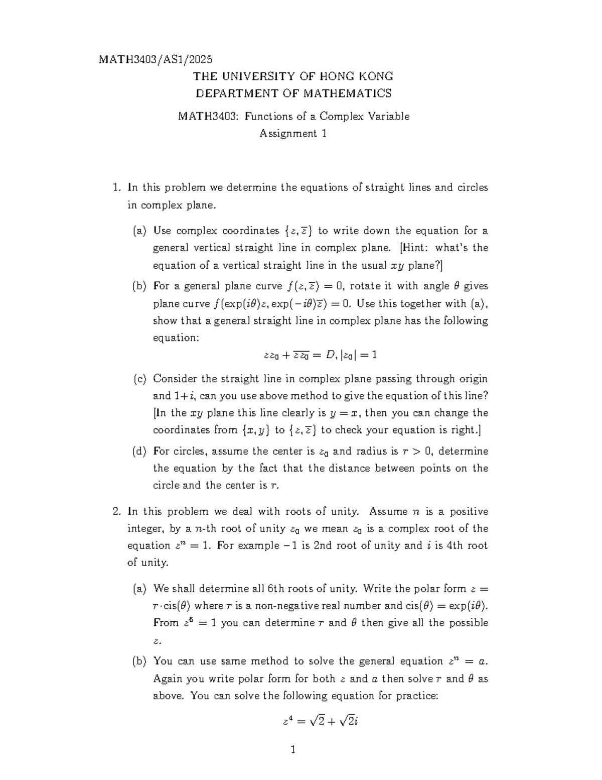 MATH3403: Complex Variables Assignment 1 - Lines & Roots of Unity - Studocu