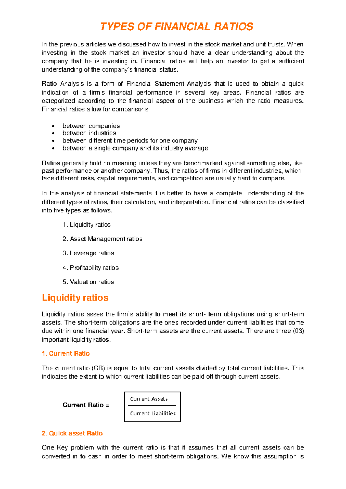 Understanding Types of Financial Ratios for Investment Analysis - Studocu