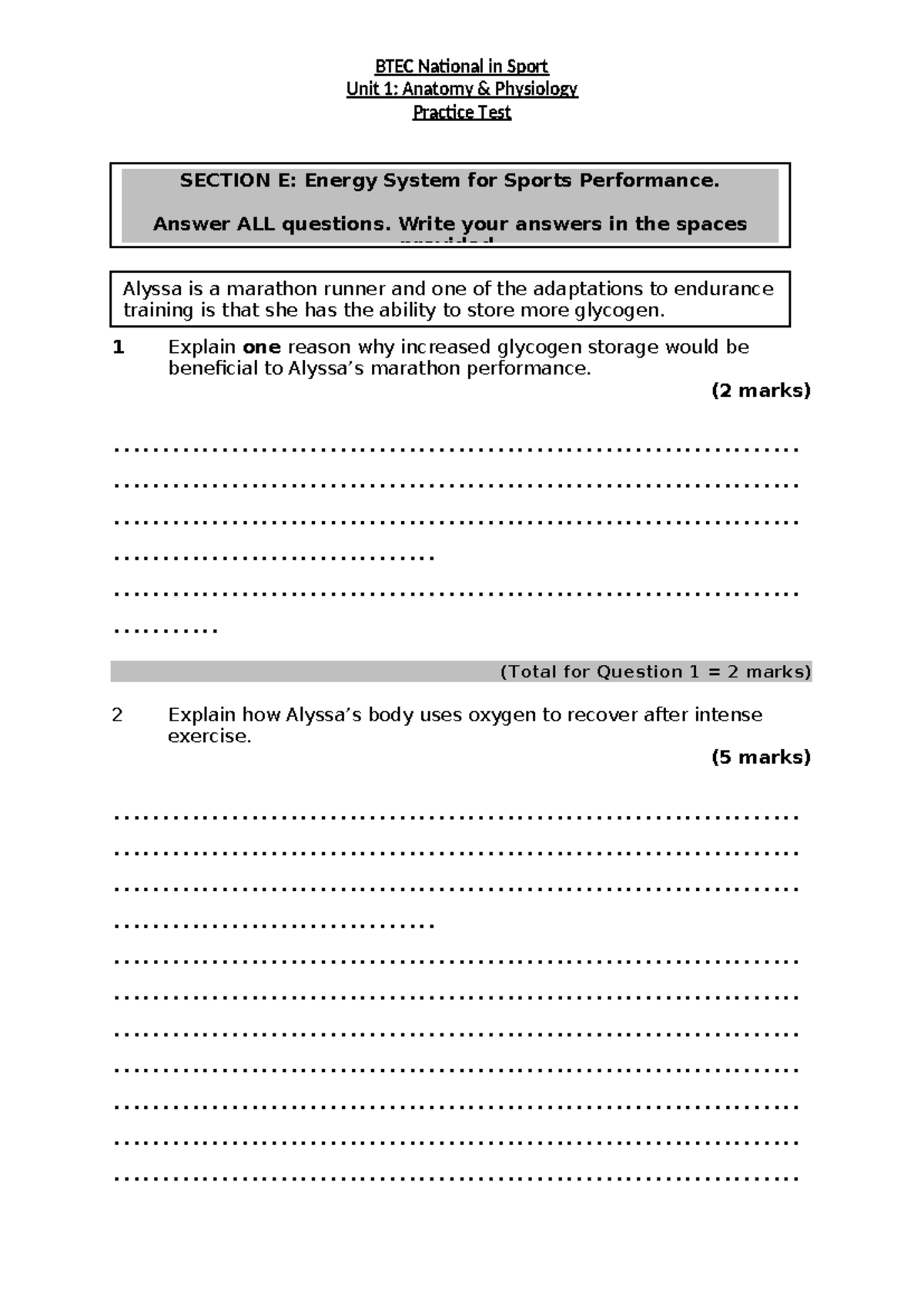 Unit 1 Anatomy & Physiology Practice Test: Section E Energy Systems ...