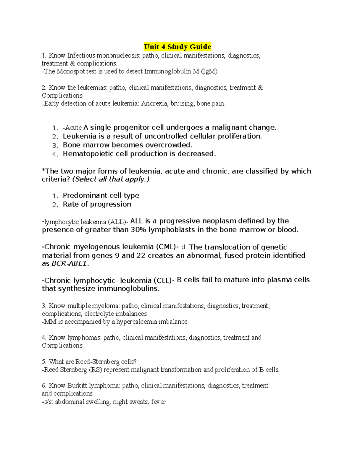 Unit 4 Exam Study Notes: Hematology & Related Disorders - Studocu