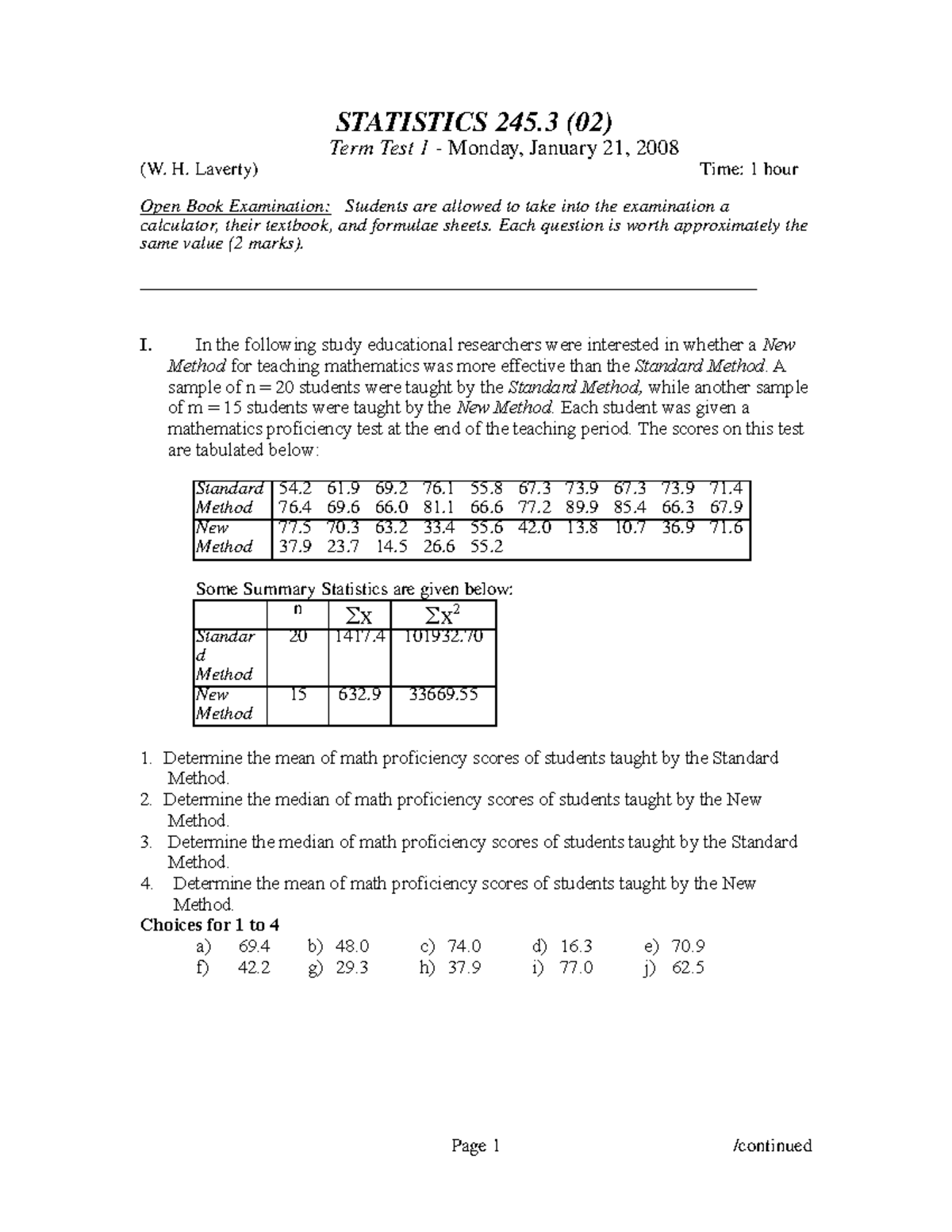 Term Test I solutions stat 245 - Stat 245.3 - U of S - Studocu