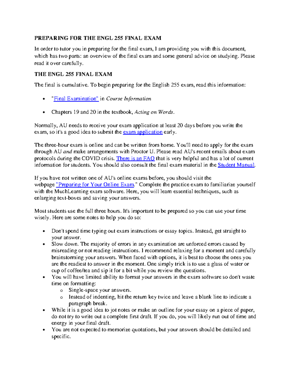Preparing Effectively for the ENGL 255 Final Exam Guide - Studocu