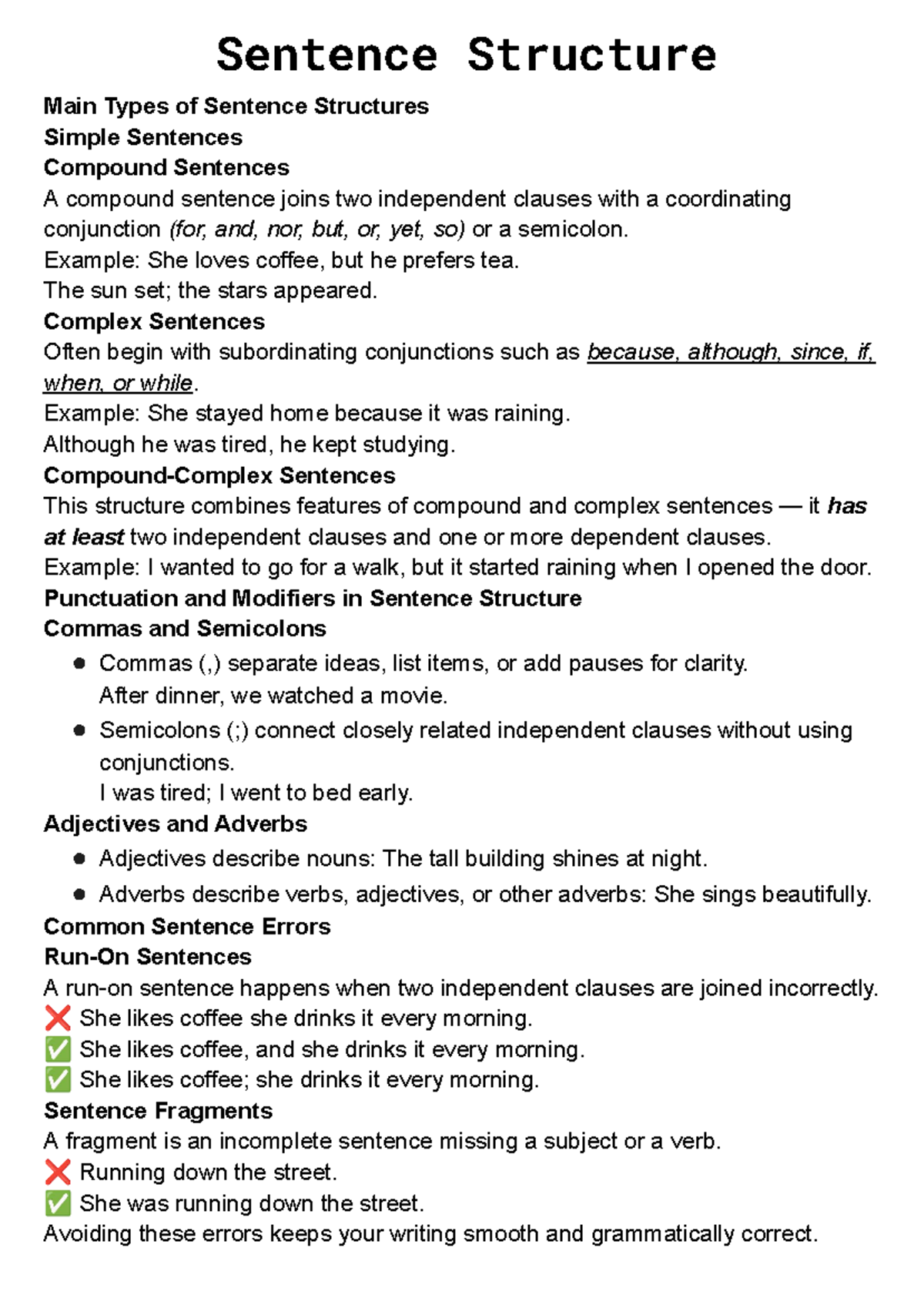 Sentence Structure: Types, Errors, and Punctuation (ENG101) - Studocu