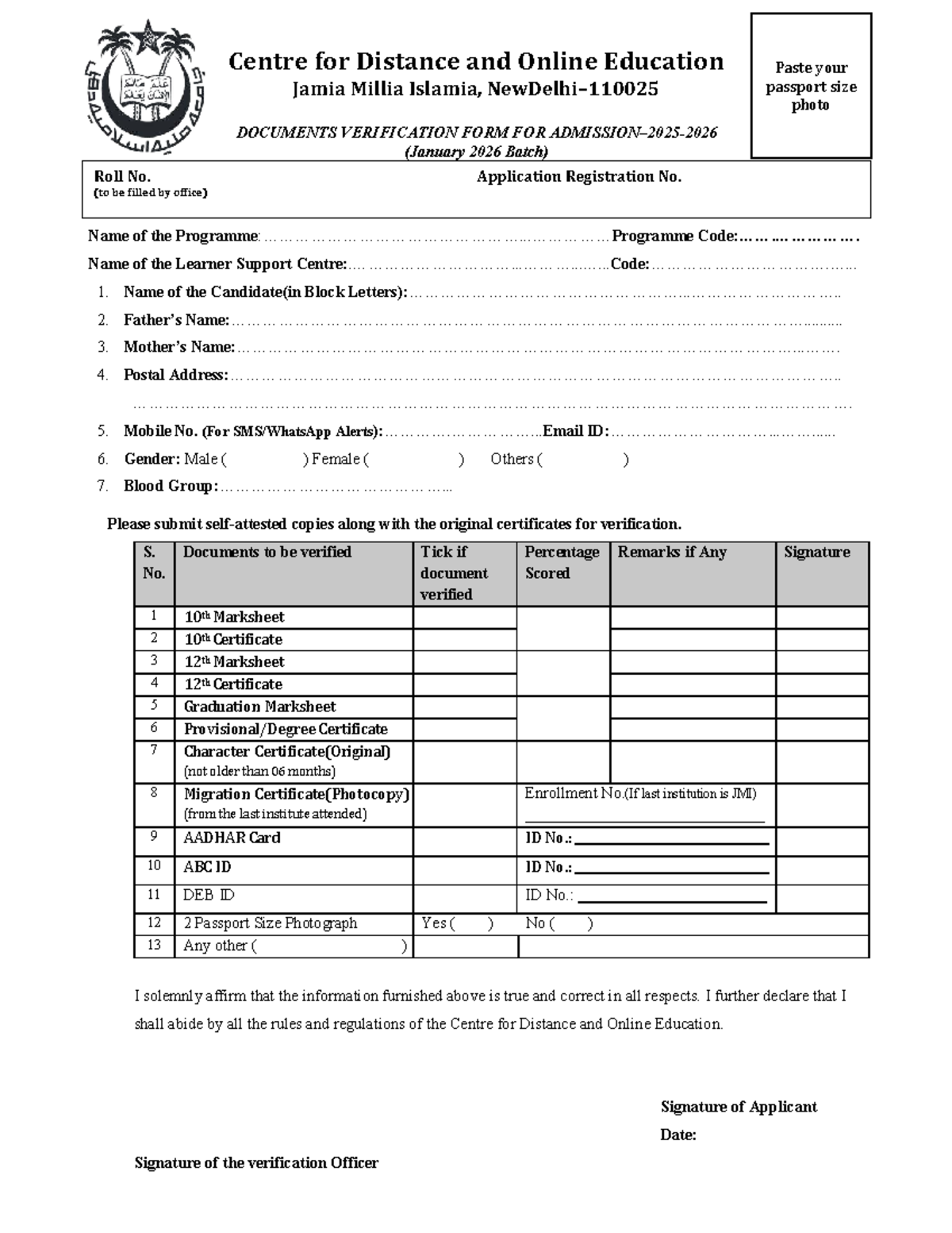 Verification Form for SSS - Centre for Distance Education (Jan 2026 ...