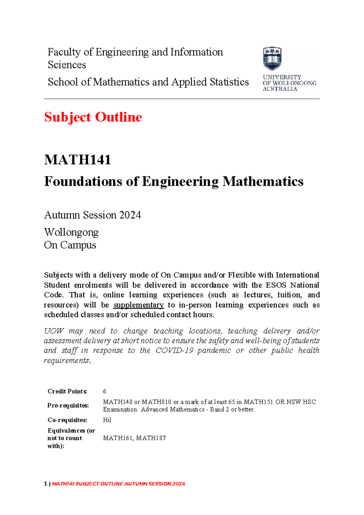 MATH141 Subject Outline: Foundations of Engineering Mathematics ...