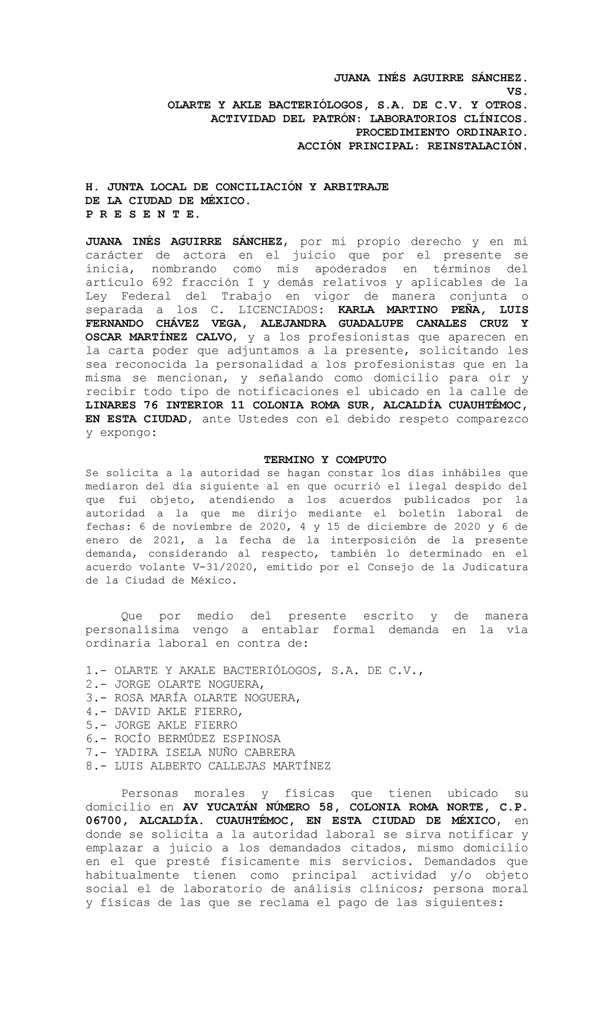 Demanda Ordinaria Laboral de Juana Inés Aguirre Sánchez vs. Olarte y ...