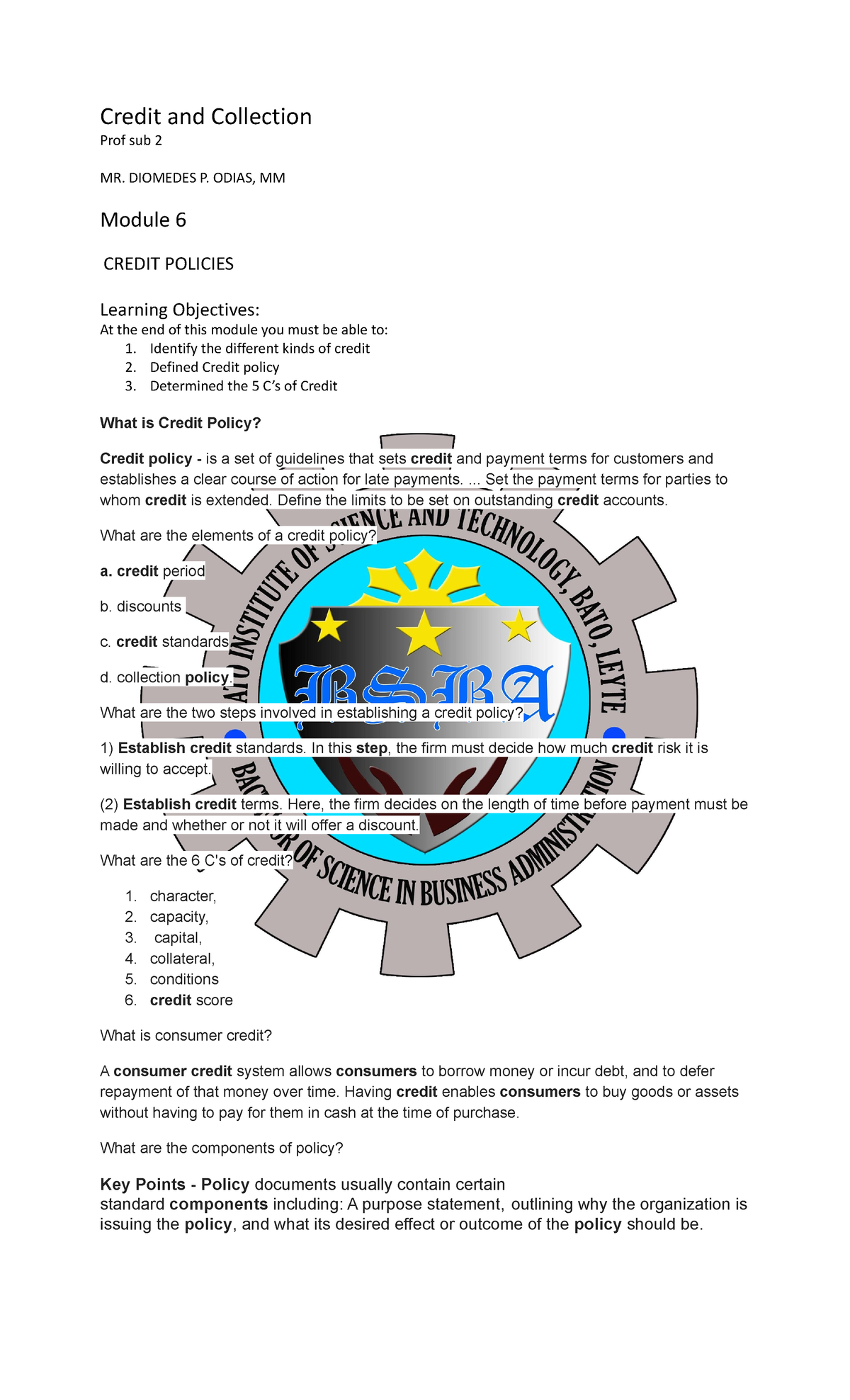 Module 6 CREand COL - Credit and collection - Credit and Collection ...