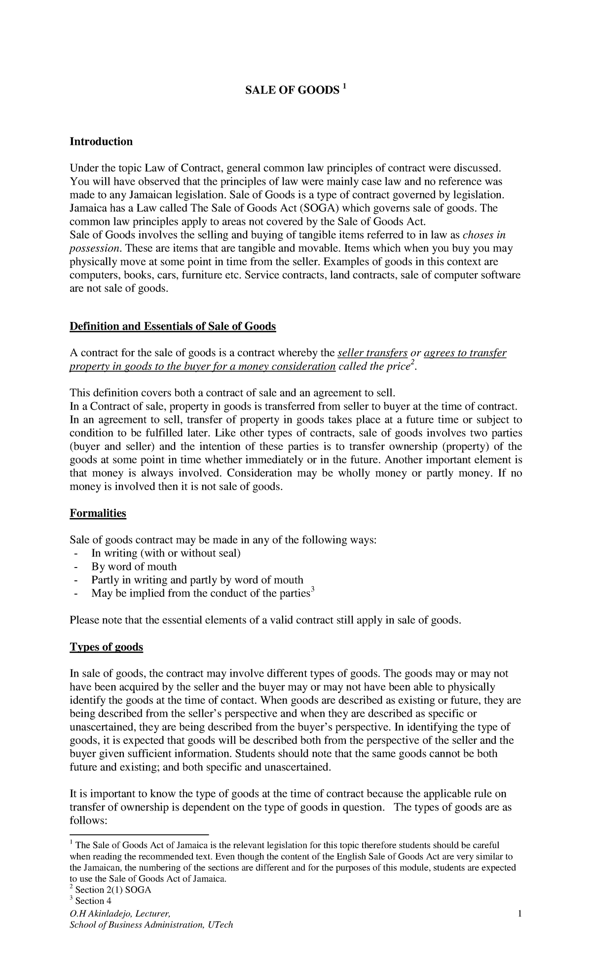 Unit 4: Sale of Goods Lecture & Tutorial Notes (2008) - Studocu